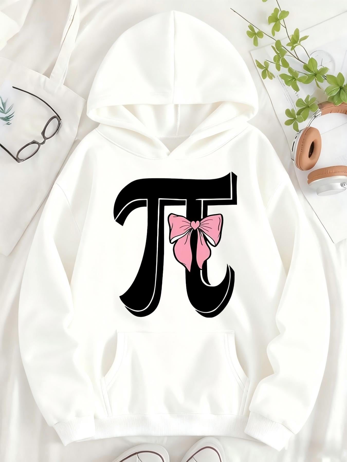 Tailorly Women's Printed Hoodie - Large Black Mathematical Symbol With Pink Ribbon Pi