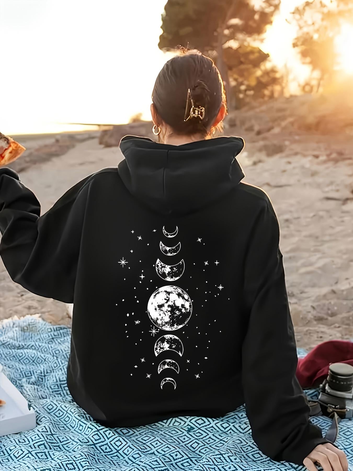 Tailorly Women's Printed Hoodie - Celestial Phases With Stars Surrounding Radiant Full Moon Design