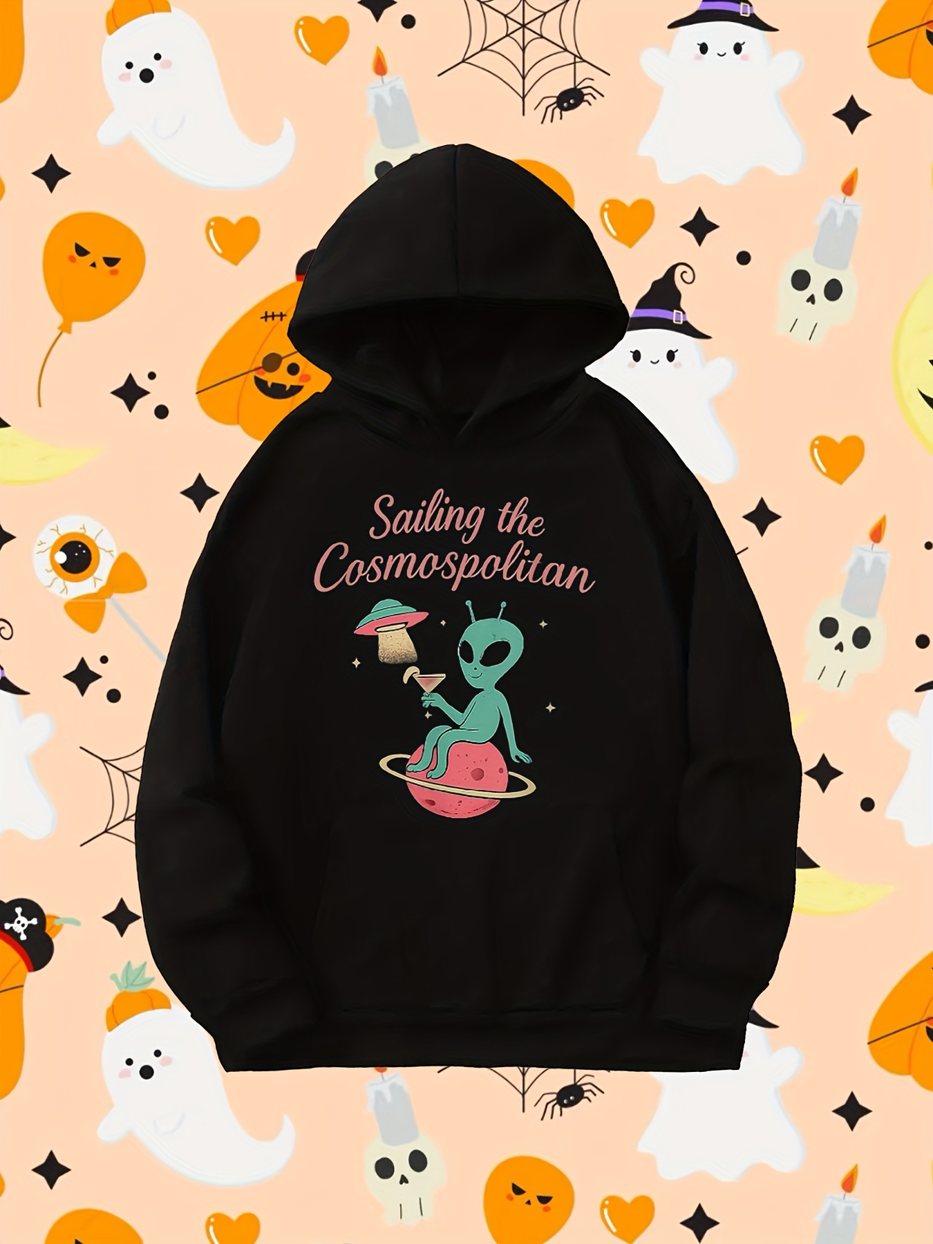 Tailorly Men's Printed Hoodie - Sailing The Cosmopolitan Whimsical Alien With Flaming Planet Floating Dessert