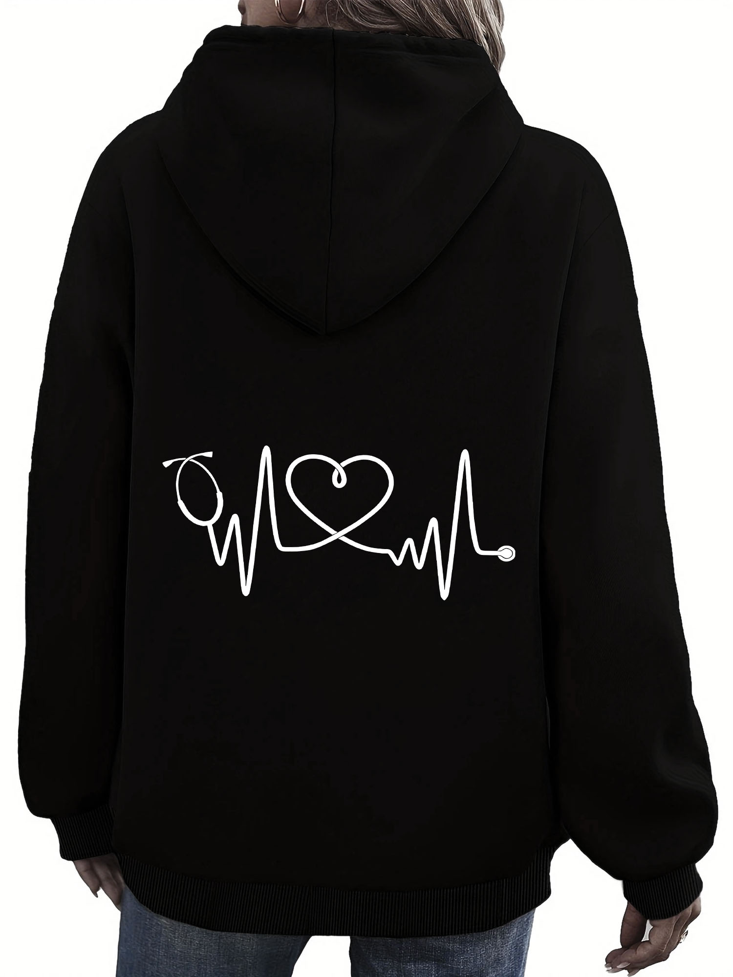 Tailorly Women's Printed Hoodie - Heartbeat Line With Medical Love Symbols On Black Hoodie