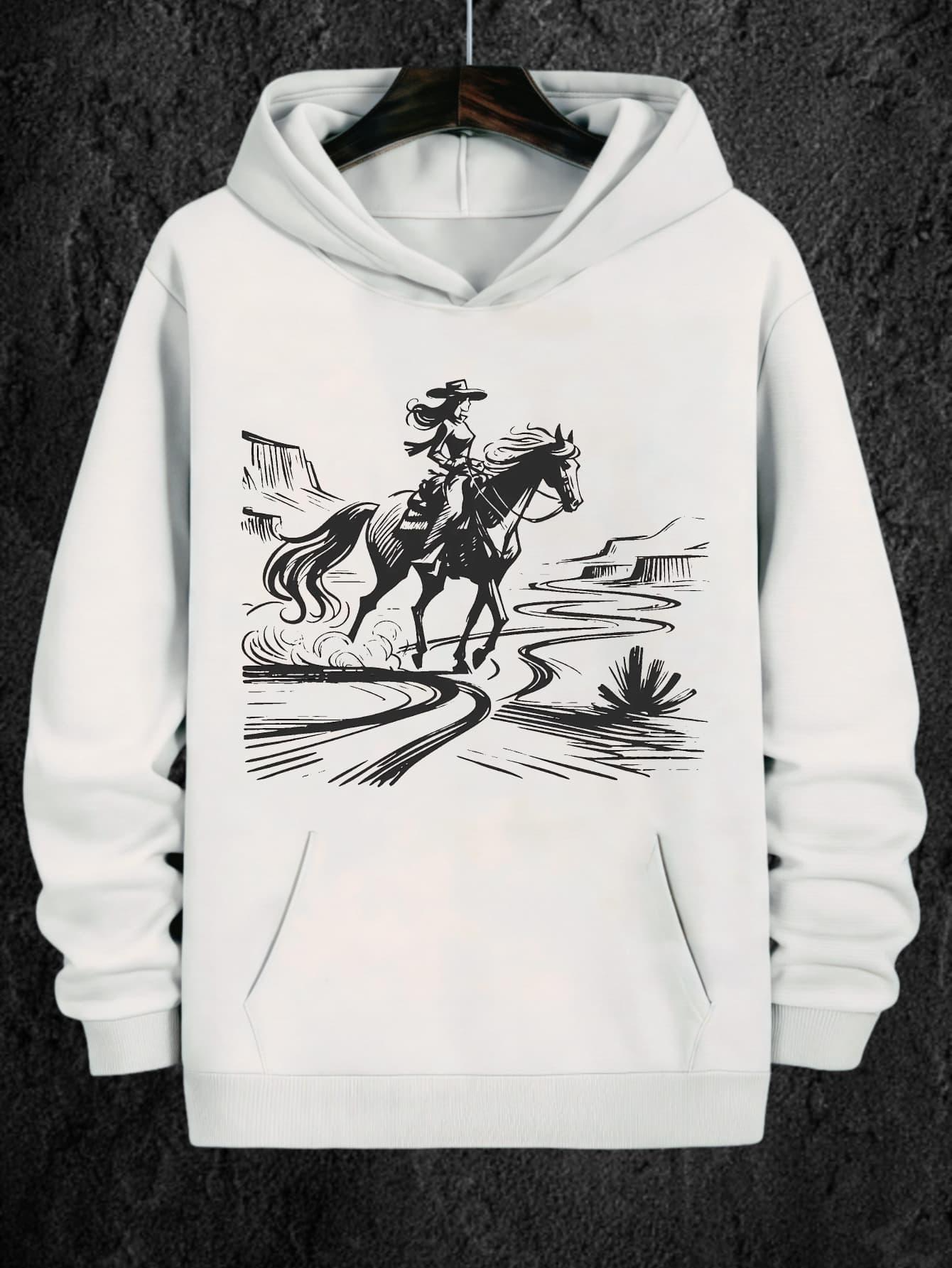 Tailorly Men's Printed Hoodie - Western Cowgirl Riding Across Desert Winding Path On Horse