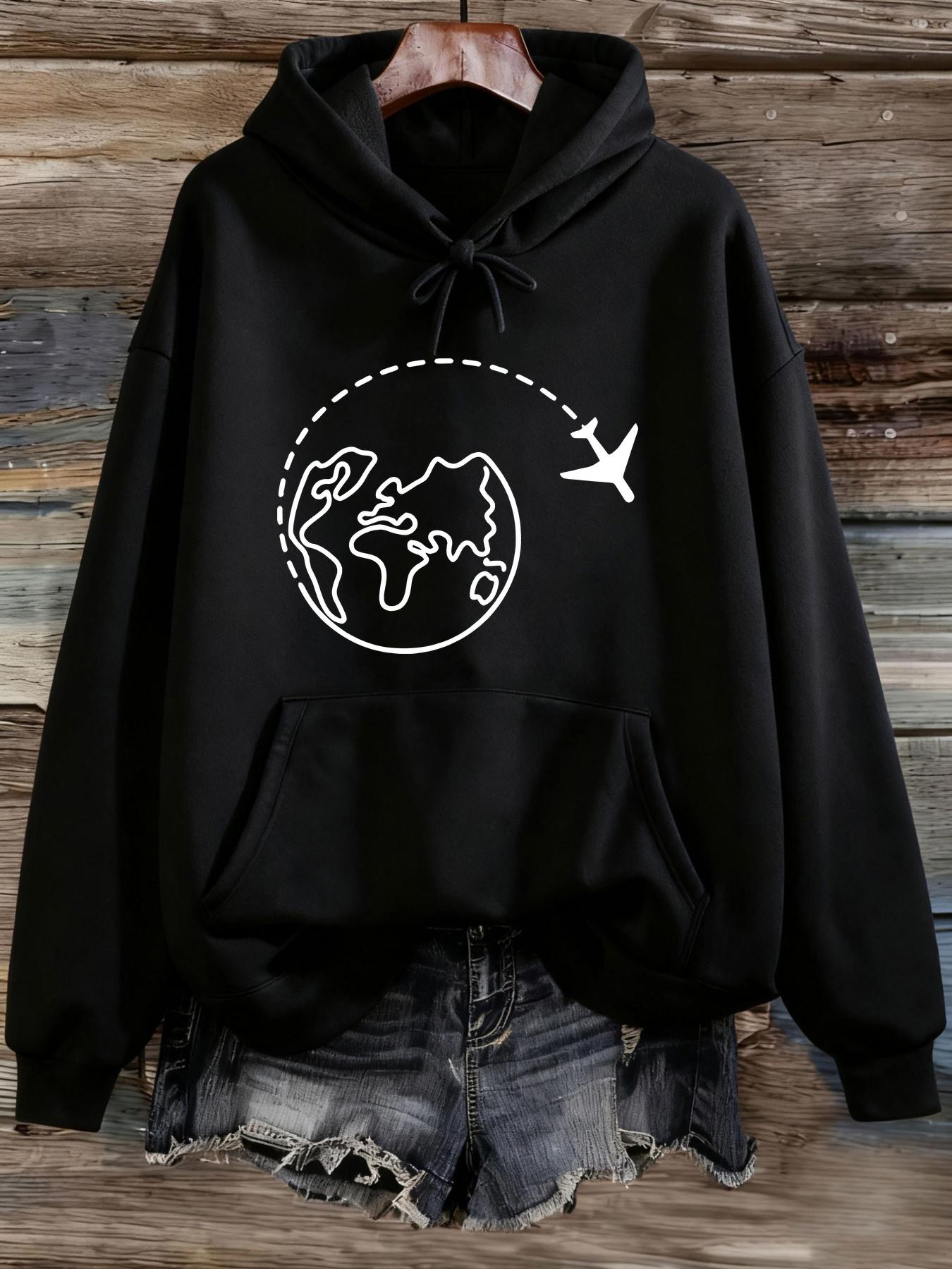 Tailorly Women's Printed Hoodie - Dashed Path Airplane Circling Around The Earth Globe
