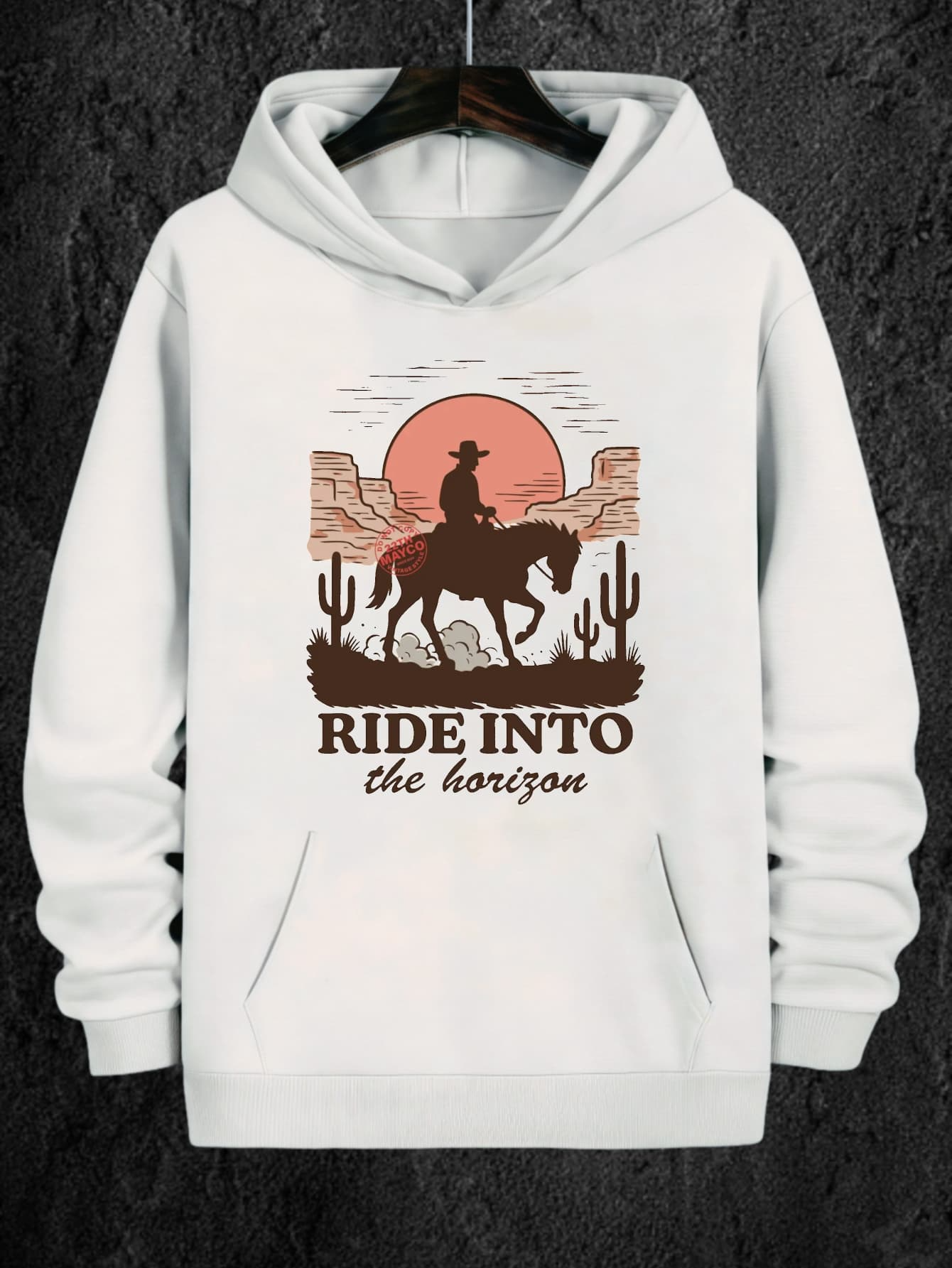 Tailorly Men's Printed Hoodie - Ride Into The Horizon Sunset With Cowboy Silhouette Among Cactus And Mountains Horse