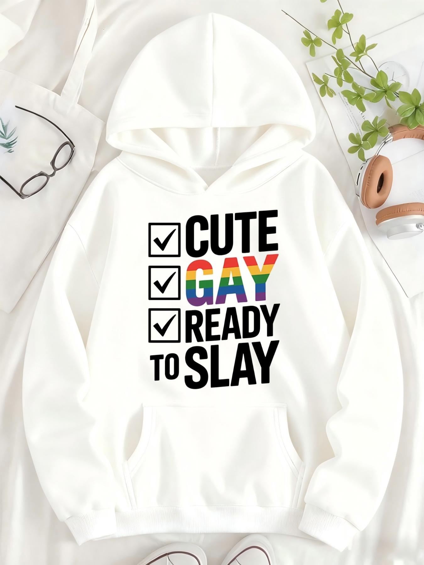 Tailorly Women's Printed Hoodie - Cute Gay Ready To Slay Rainbow Pride Graphic Hoodie