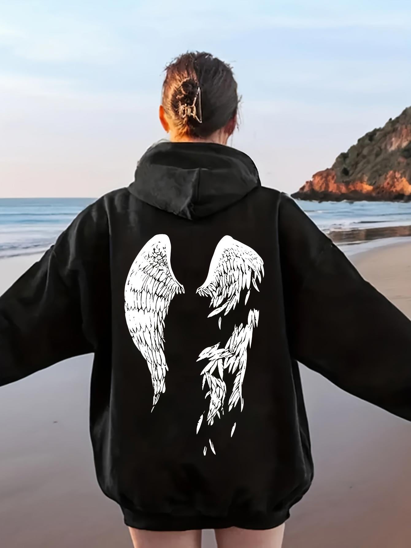 Tailorly Women's Printed Hoodie - Distressed White Feathered Angel Wings Design Hoodie
