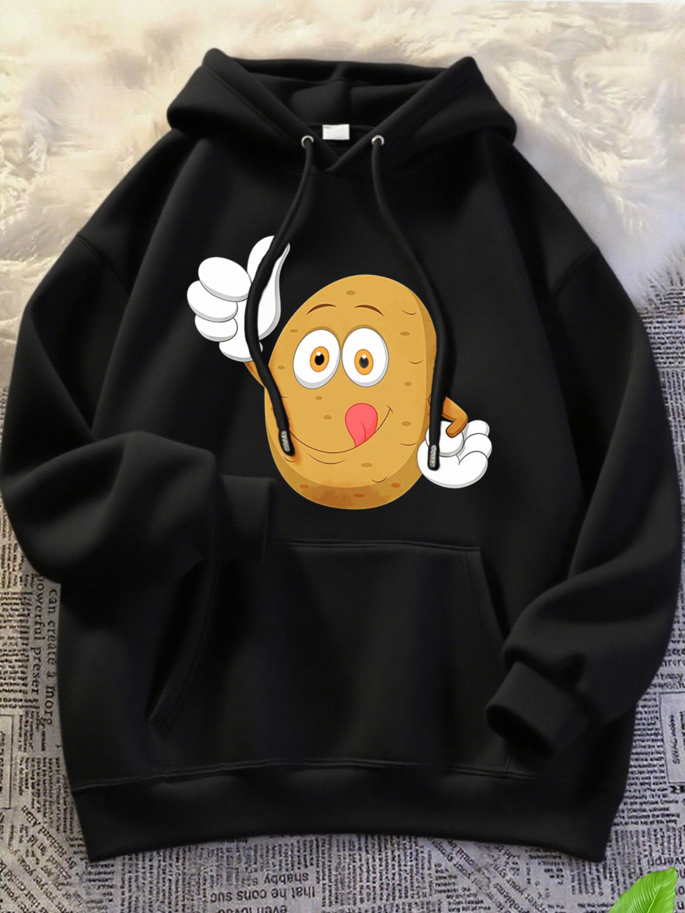 Tailorly Women's Printed Hoodie - Cartoon Style Expressive Potato Character With Surprised Face And Raised Hands Potato