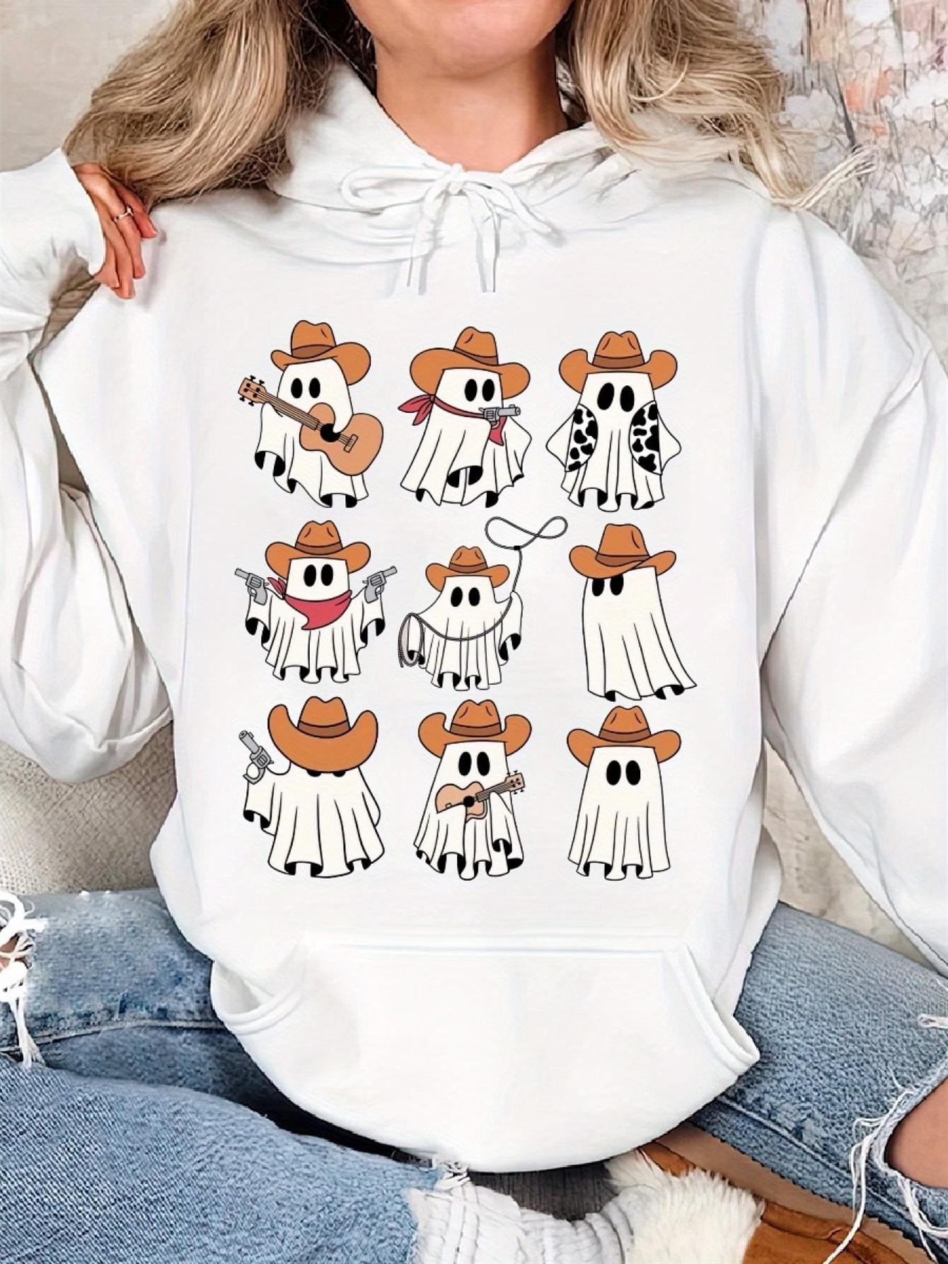 Tailorly Women's Printed Hoodie - Cartoon Cowgirls With Country Western Hats Playful Ghosts