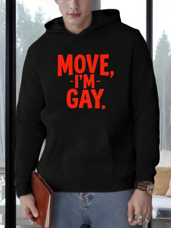 Tailorly Men's Printed Hoodie - Move Im Gay Bright Bold Red Letters On Black Hoodie