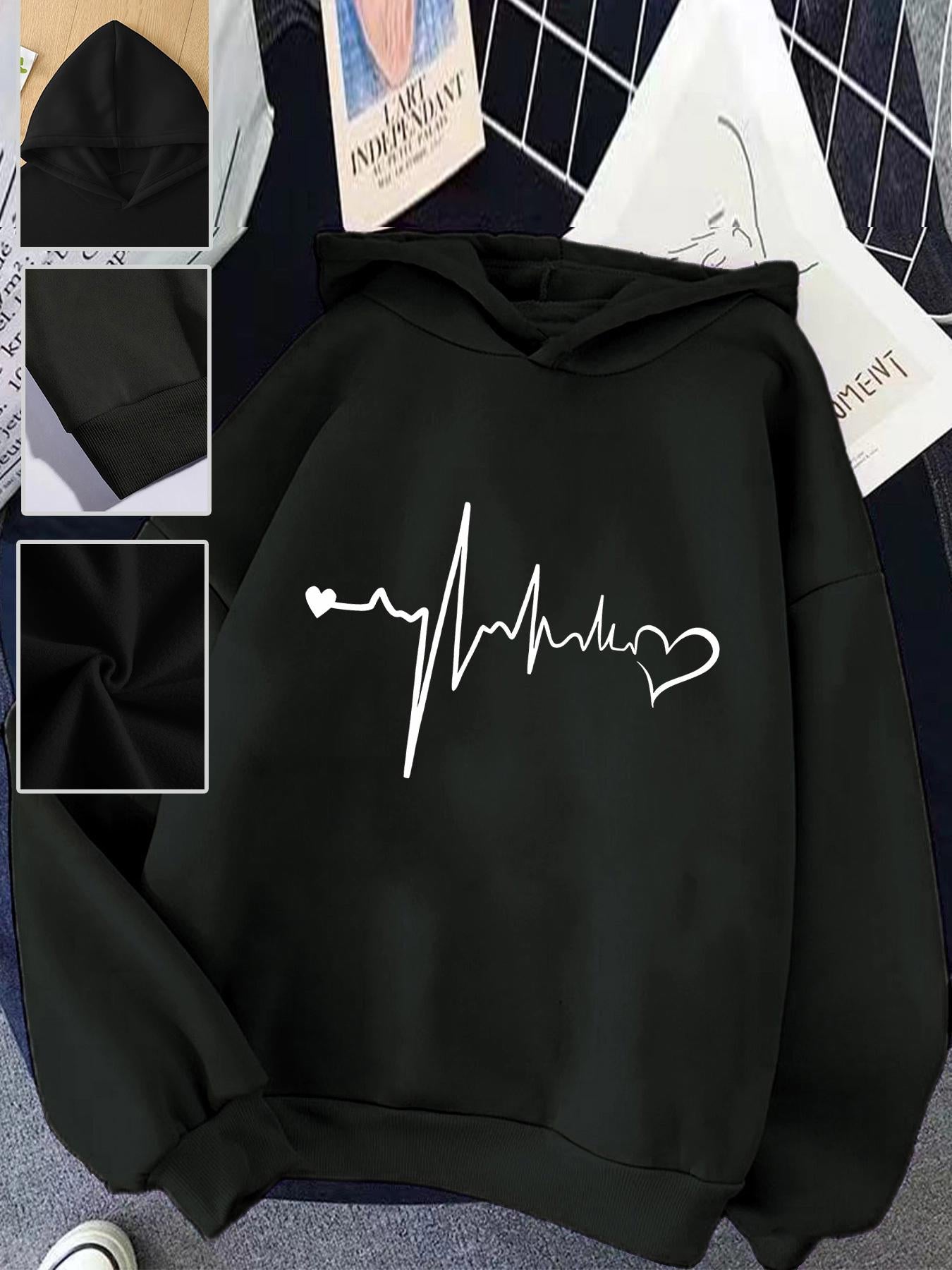 Tailorly Women's Printed Hoodie - Minimalist Heartbeat Line Art Hoodie With Love Shaped Pulse Graphic