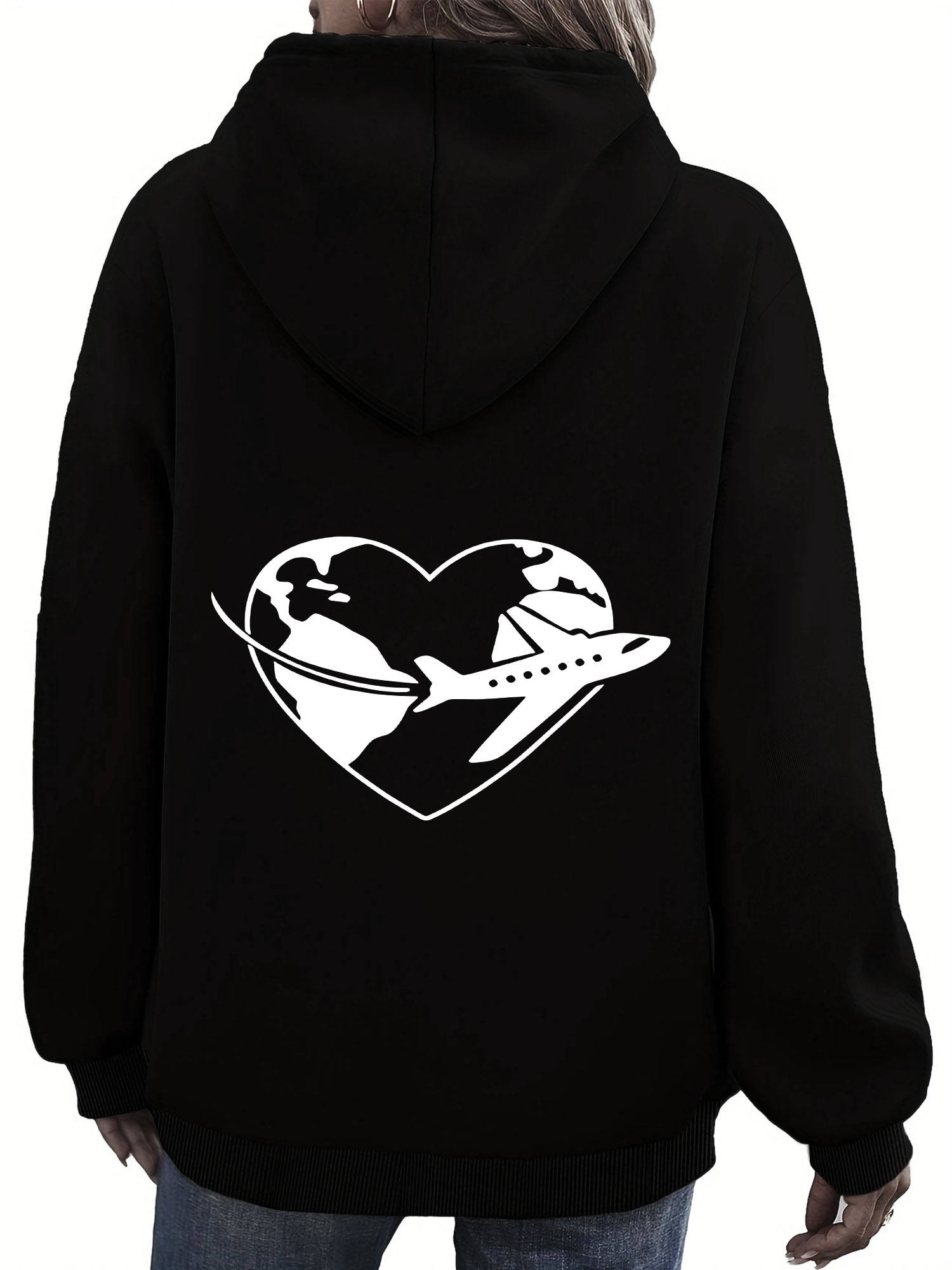 Tailorly Women's Printed Hoodie - Jet Flying Around Heart Shaped World Map Travel Plane