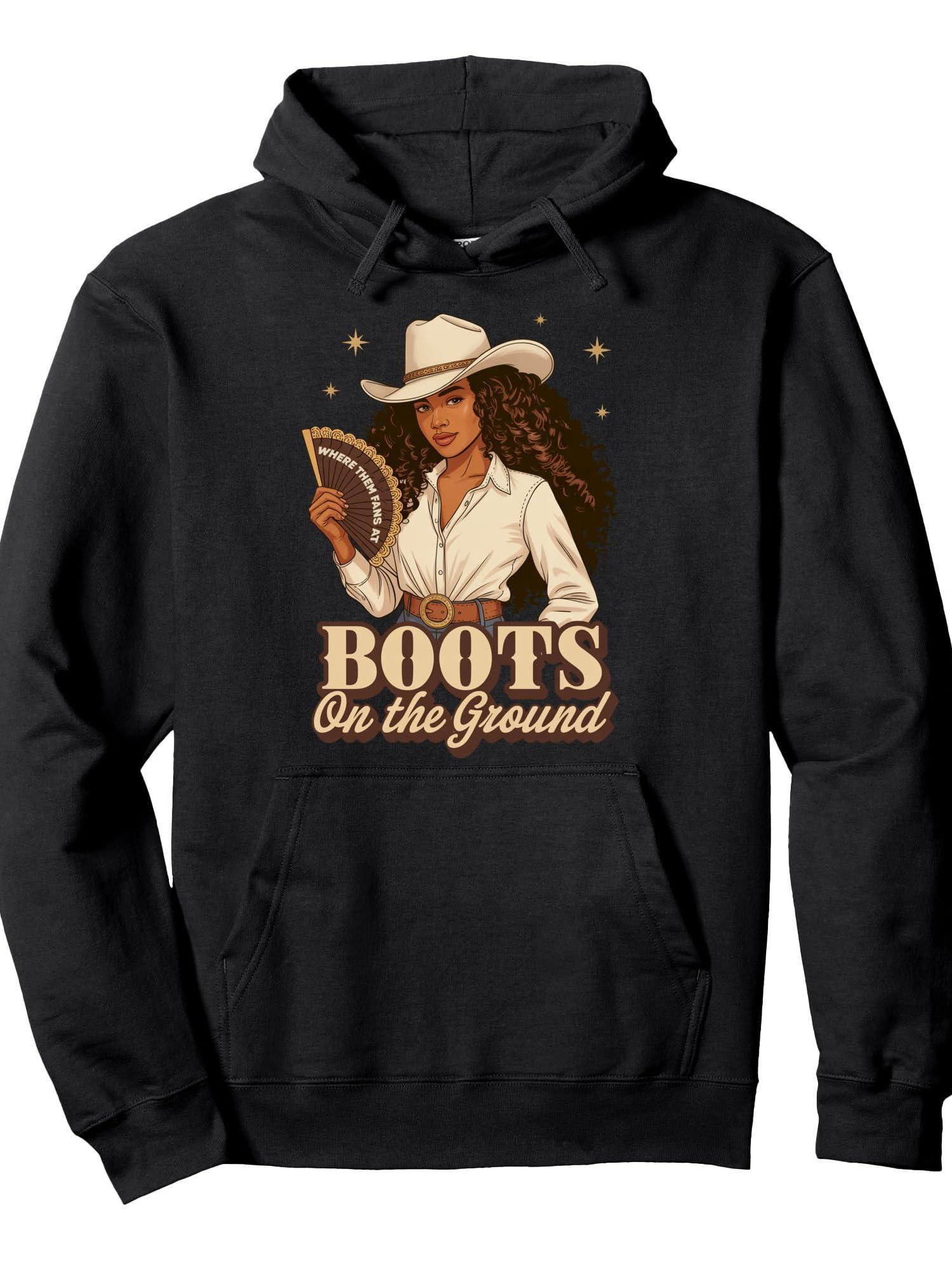 Tailorly Men's Printed Hoodie - Boots On The Ground Western Style Cowgirl Surrounded By Stars And Fan