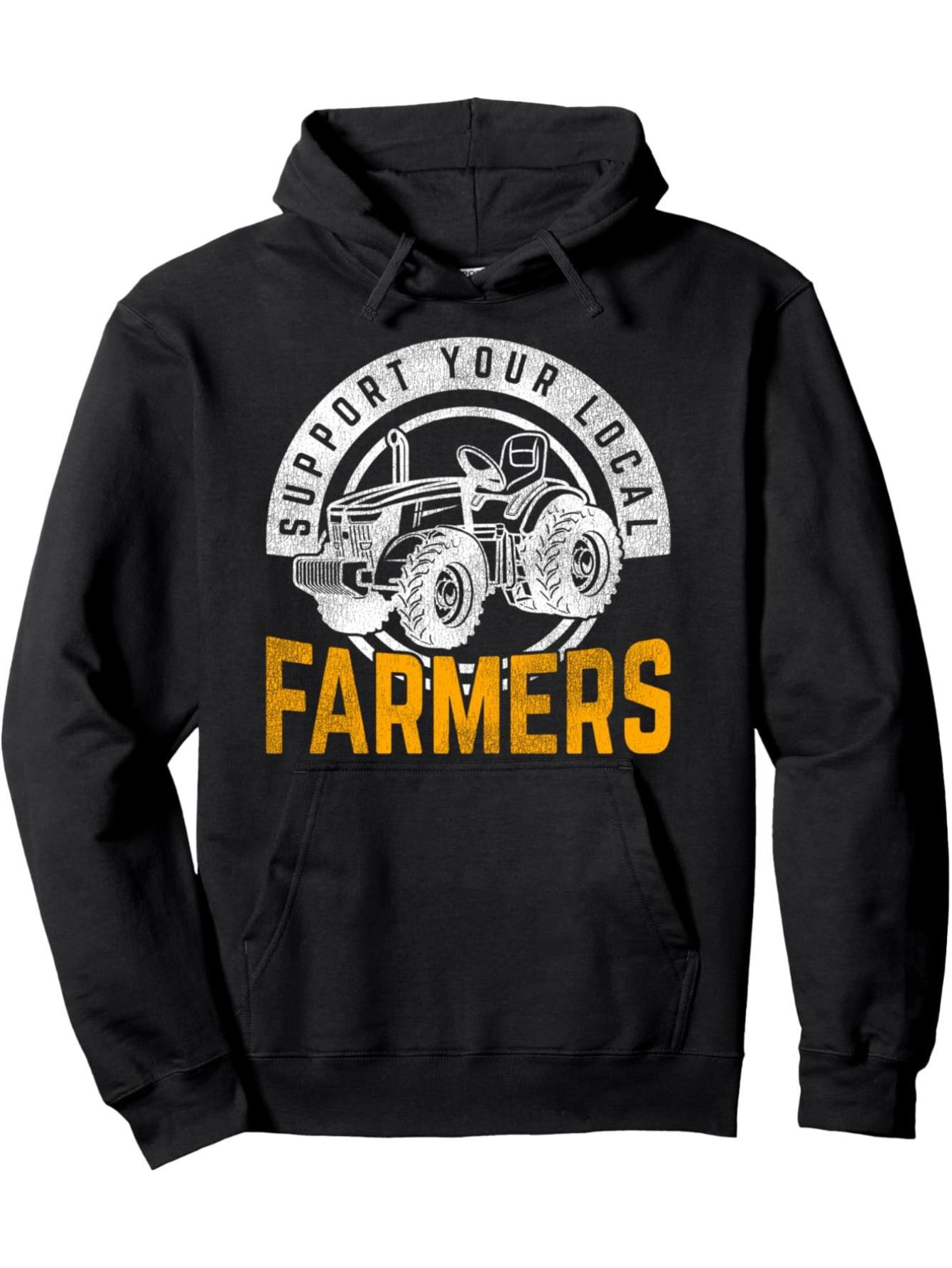 Tailorly Men's Printed Hoodie - Support Your Local Farmers Bold Yellow Letters With Vintage Tractor Illustration Hoodie