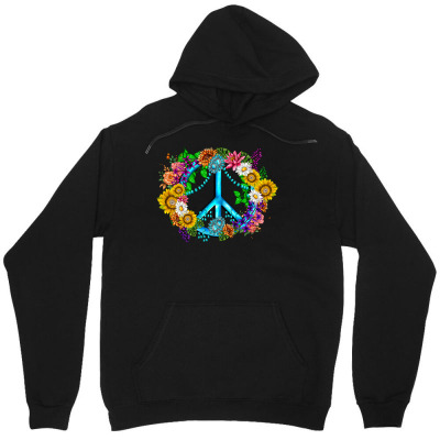 Tailorly Men's Printed Hoodie - Groovy Rainbow Colors With Blossoming Flowers Surrounding Peace Symbol