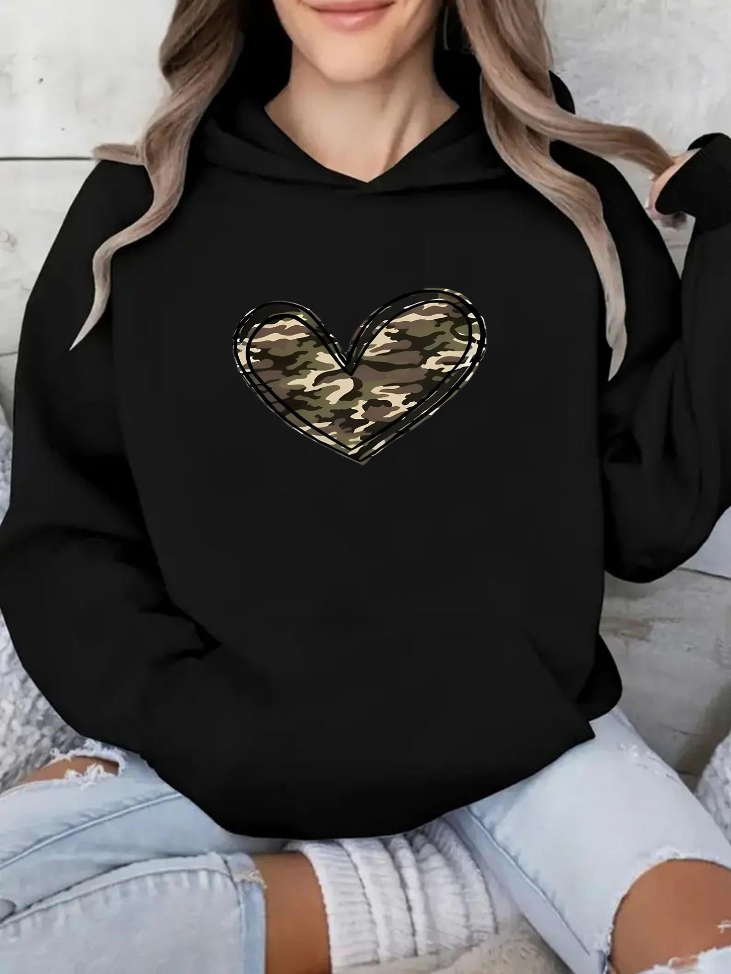 Tailorly Women's Printed Hoodie - Camo Patterned Heart Shaped Patchwork On Cozy Soft Black Hoodie