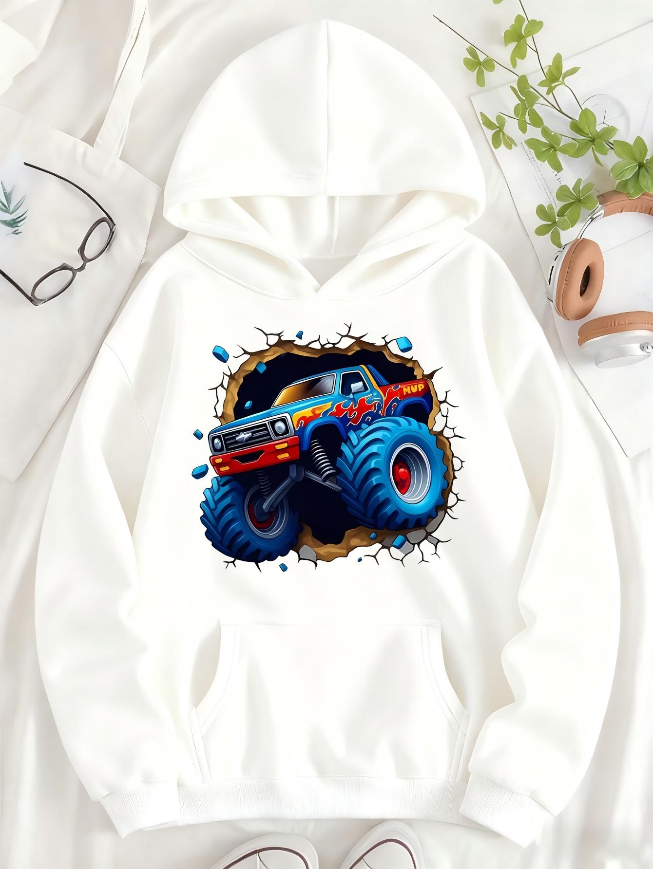 Tailorly Women's Printed Hoodie - Bold Monster Truck Bursting Through Wall With Cracked Concrete And Muddy Wheels Truck