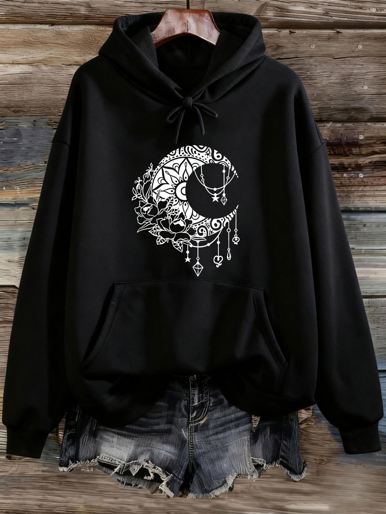Tailorly Women's Printed Hoodie - Bohemian Ethnic Patterned Crescent Moon Dreamcatcher Design Hoodie Moon