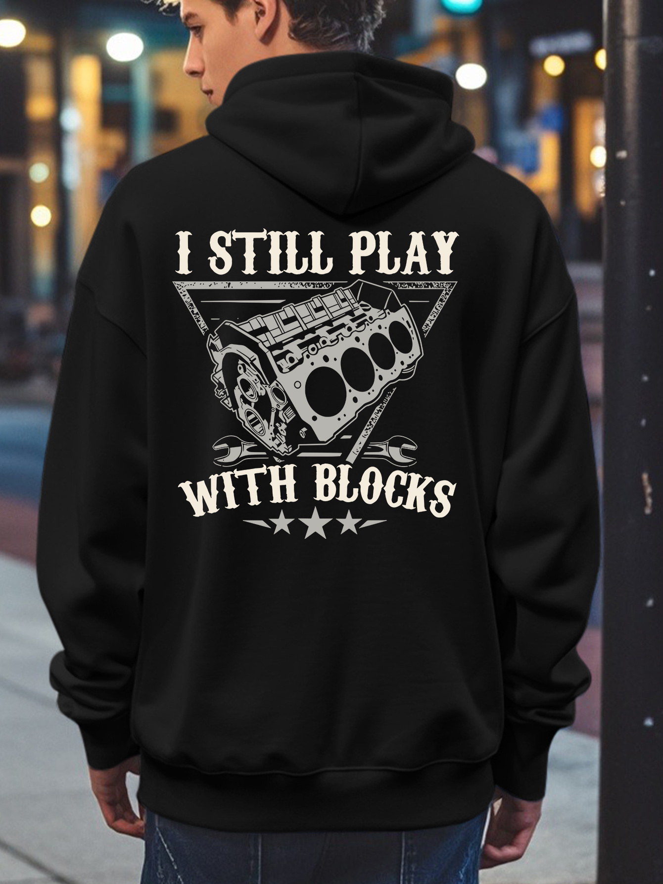 Tailorly Men's Printed Hoodie - I Still Play With Blocks Vintage Car Engine Pattern Under Neon Lights