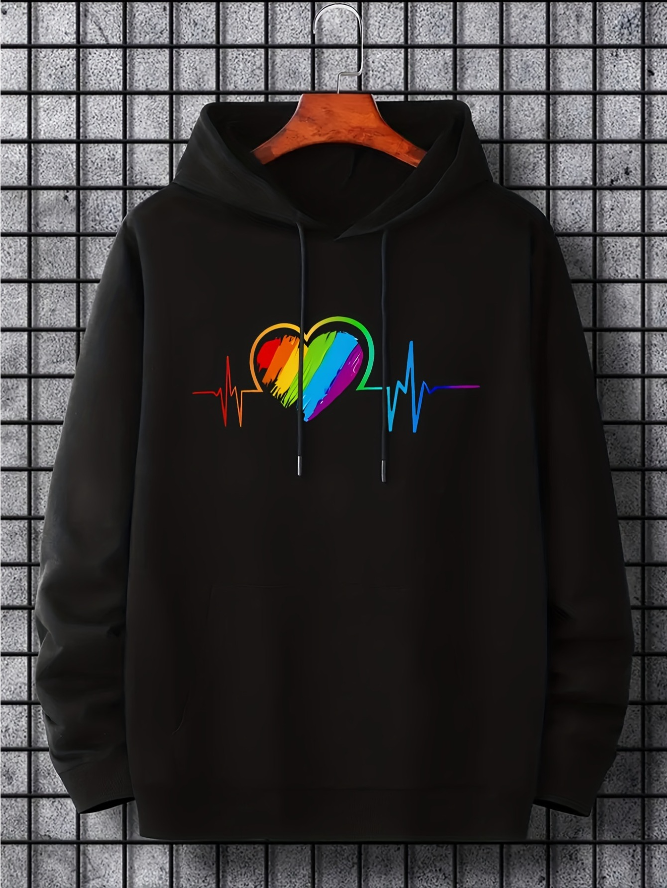 Tailorly Men's Printed Hoodie - Colorful Heartbeat Pulse Line With Rainbow Heart
