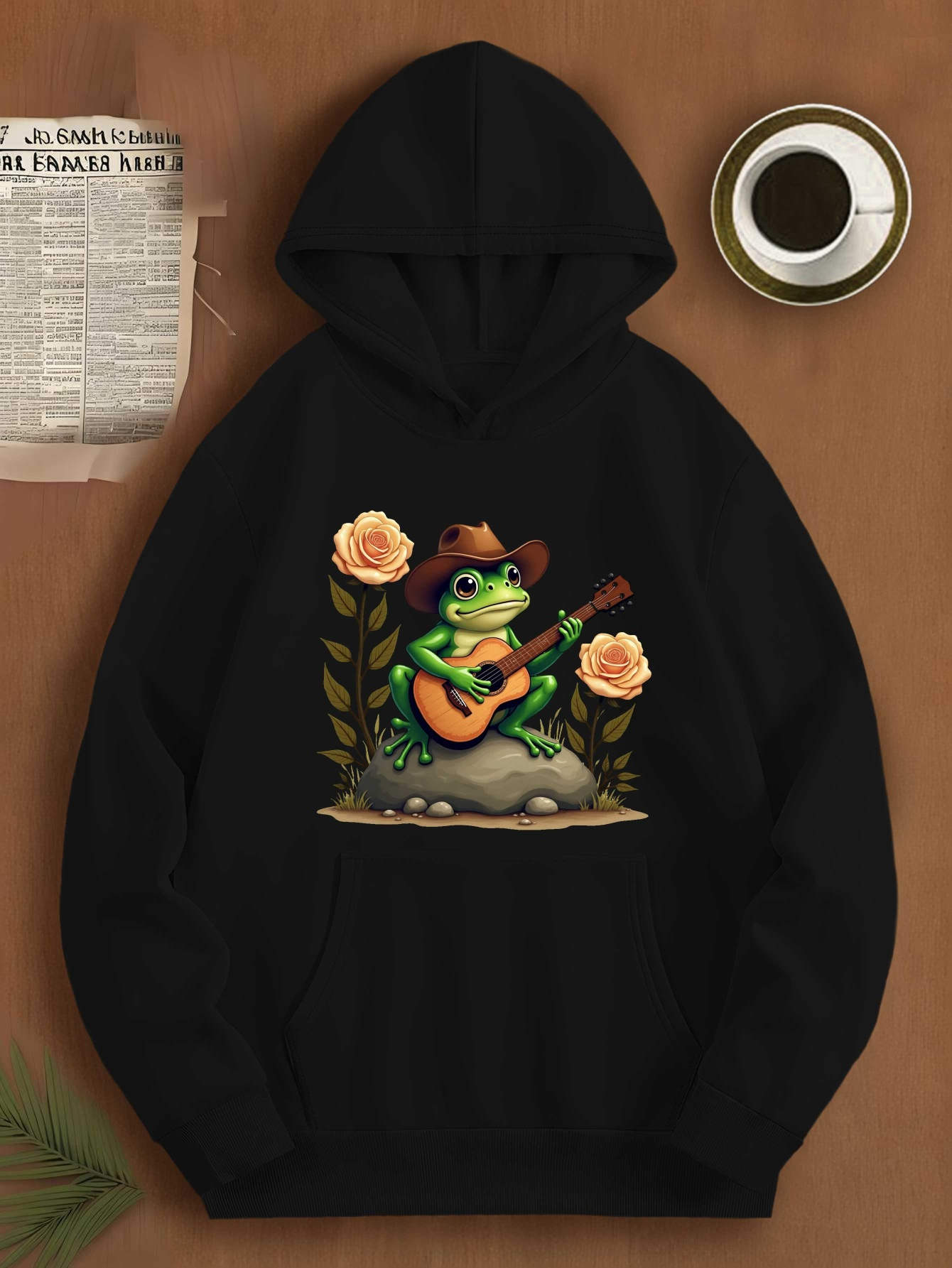 Tailorly Men's Printed Hoodie - Charming Country Rock Guitarist Frog Among Blooming Wildflowers