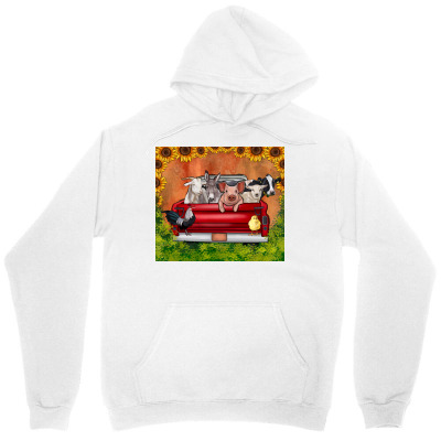 Tailorly Women's Printed Hoodie - Adorable Farm Animals Sitting In Red Pickup Surrounded By Sunflowers