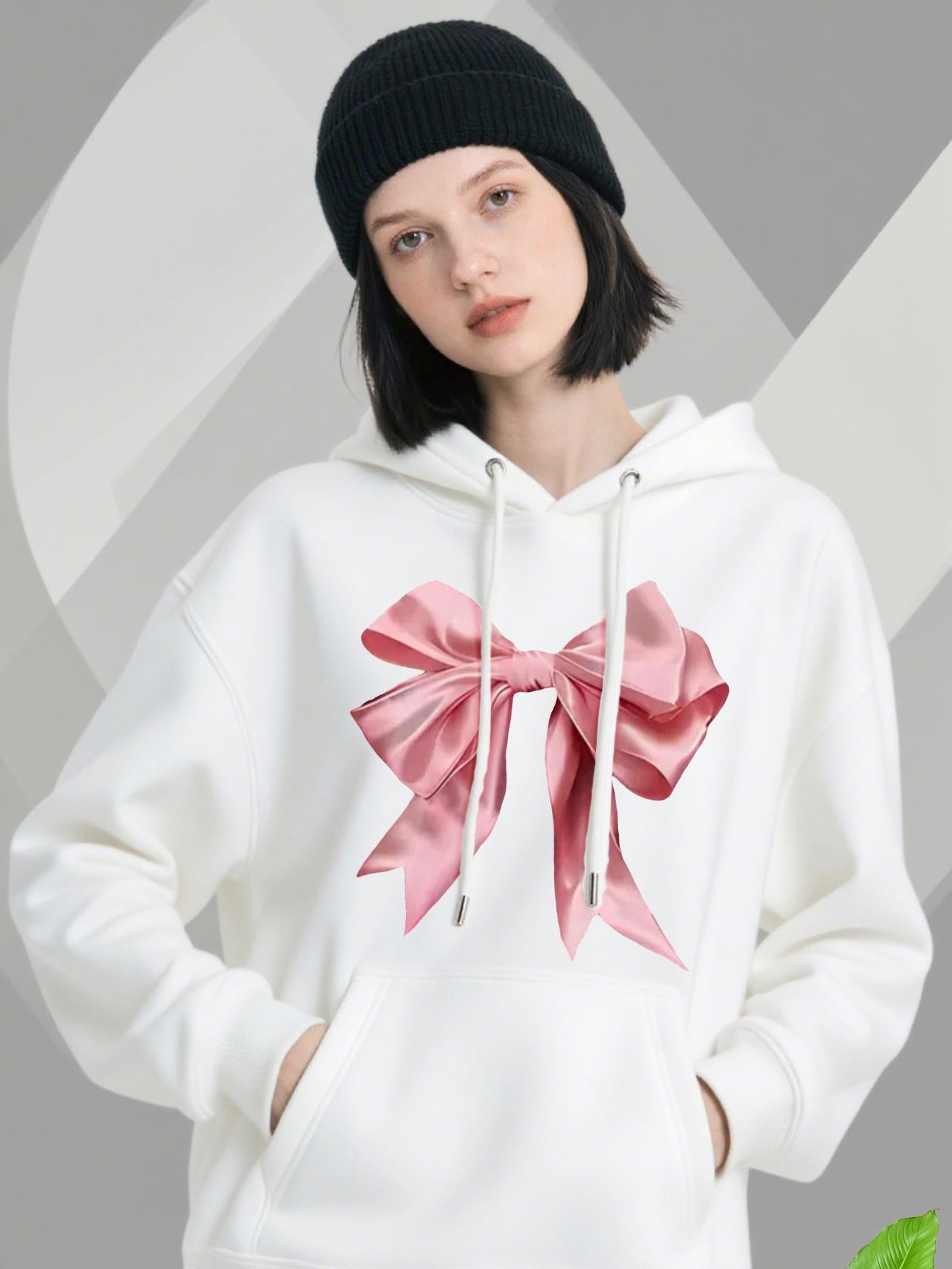 Tailorly Women's Printed Hoodie - Shimmering Satin Ribbon With Soft Pink Glow Bow