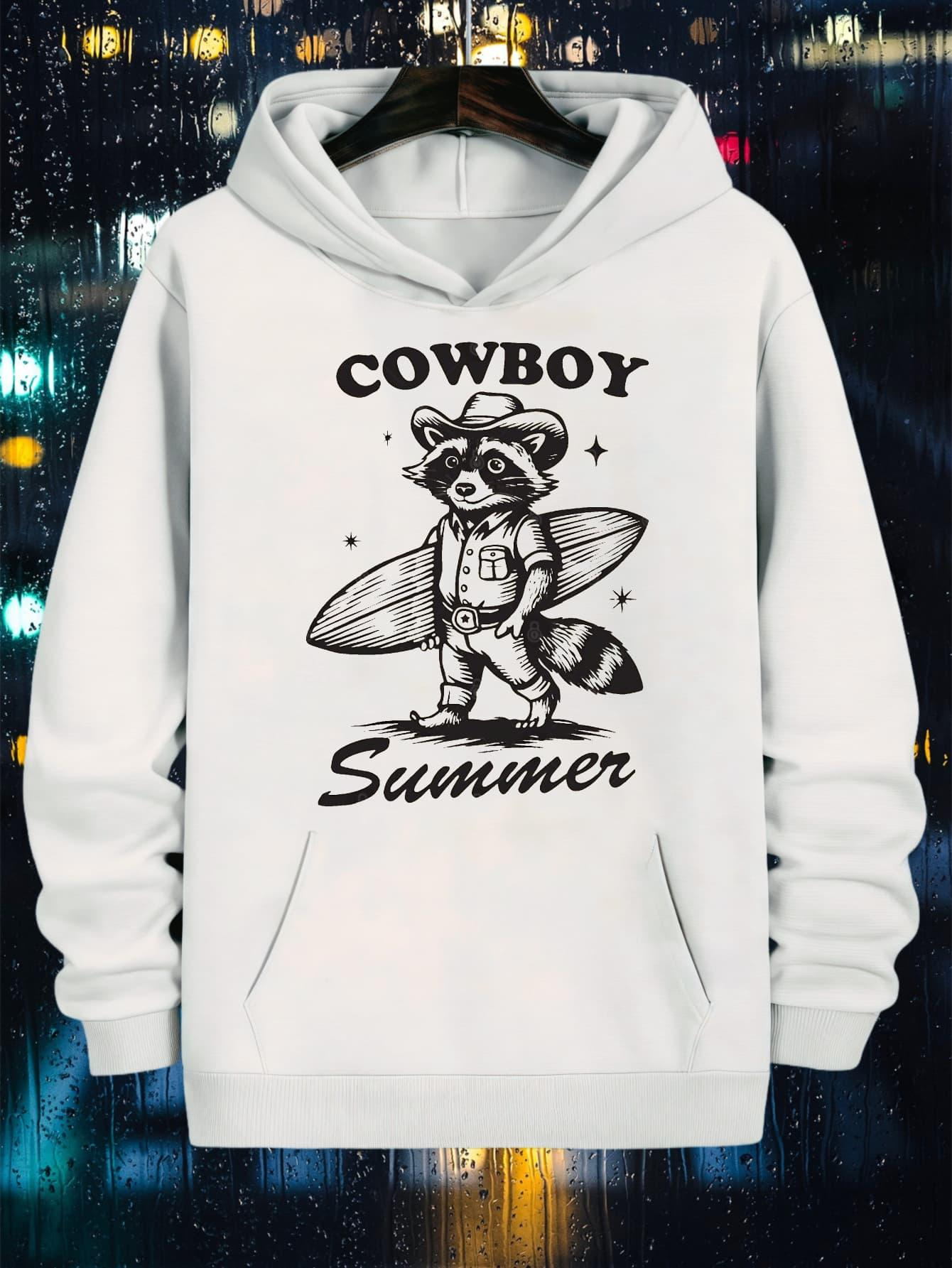 Tailorly Men's Printed Hoodie - Cowboy Summer Standing Raccoon With Surfboard Amidst Starry Night Vibes