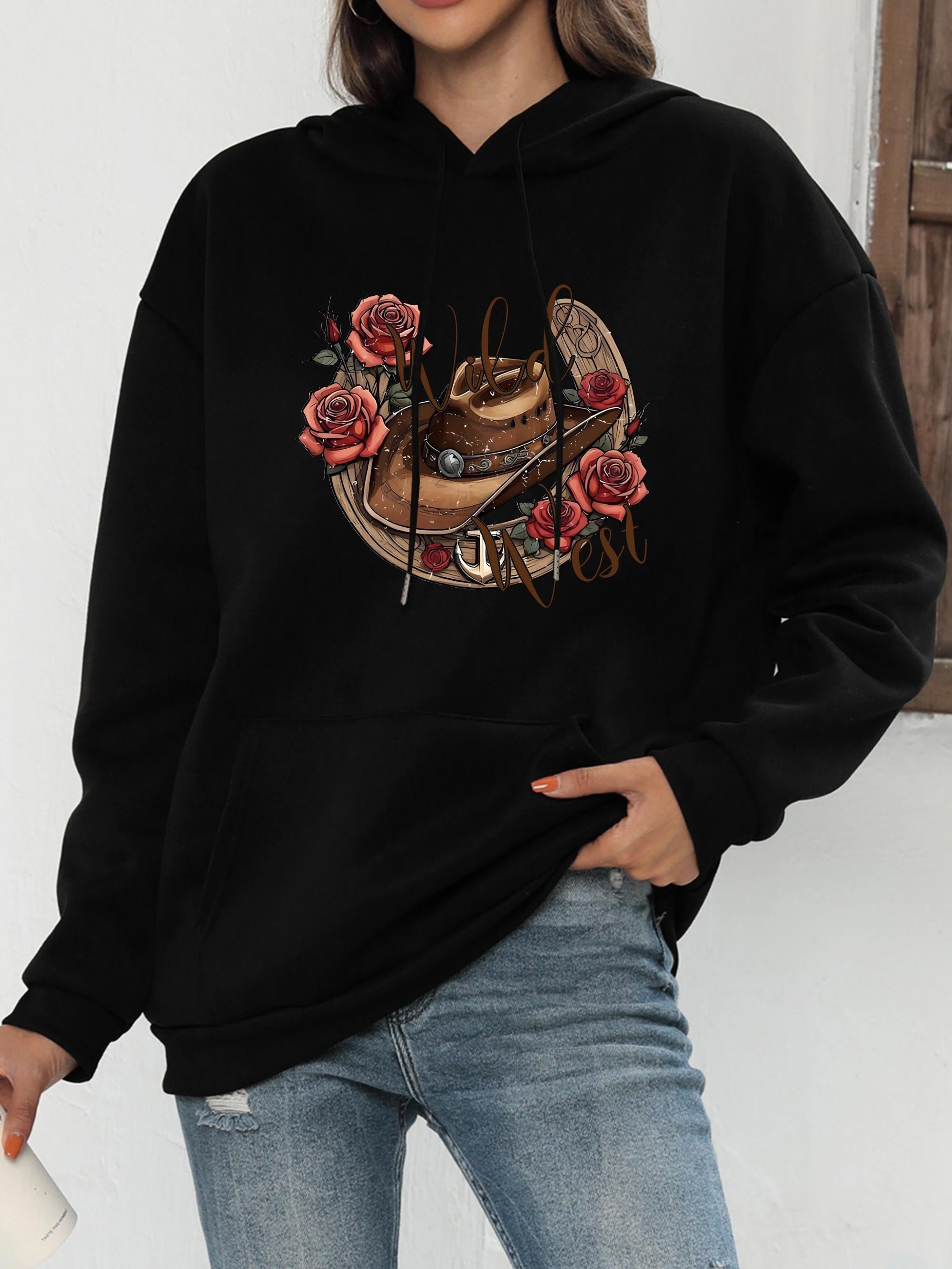 Tailorly Women's Printed Hoodie - Vintage Leather Hat With Scarlet Roses Among Faded Rustic Cowboy Elements