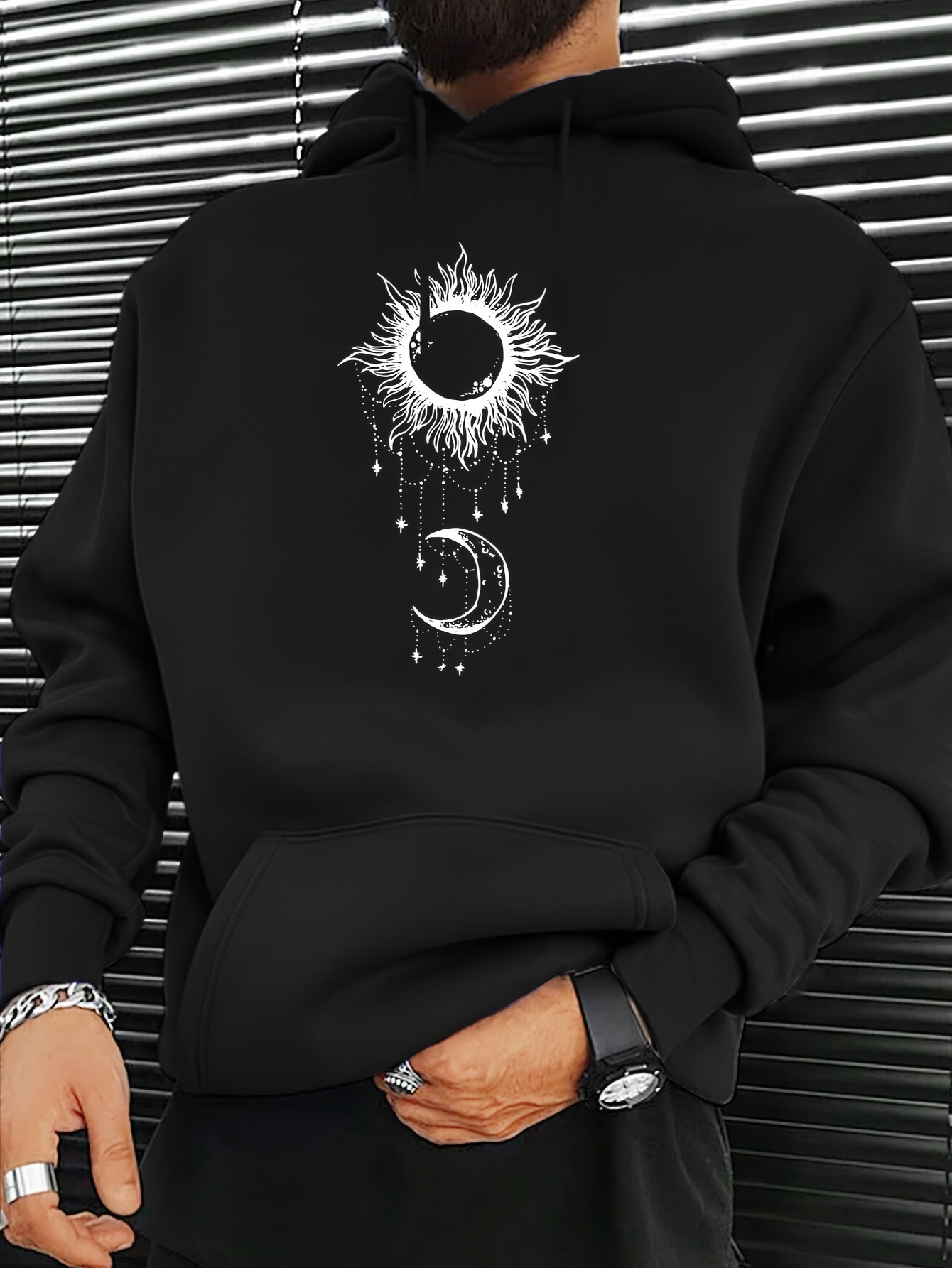 Tailorly Men's Printed Hoodie - Mystical Sun Rays And Crescent Moons Illuminating Night Sky Hoodie