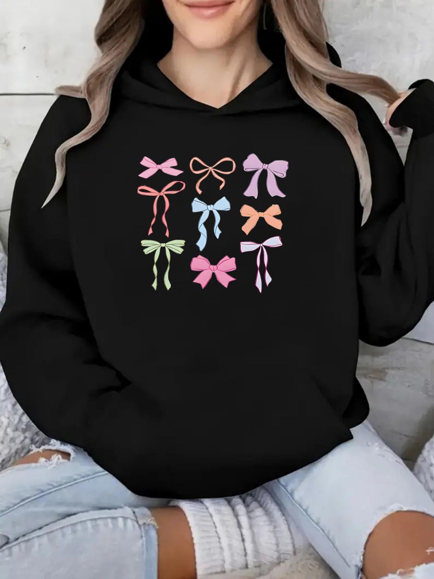 Tailorly Women's Printed Hoodie - Colorful Patterned Rows Of Different Shaped Decorative Ribbon Bows