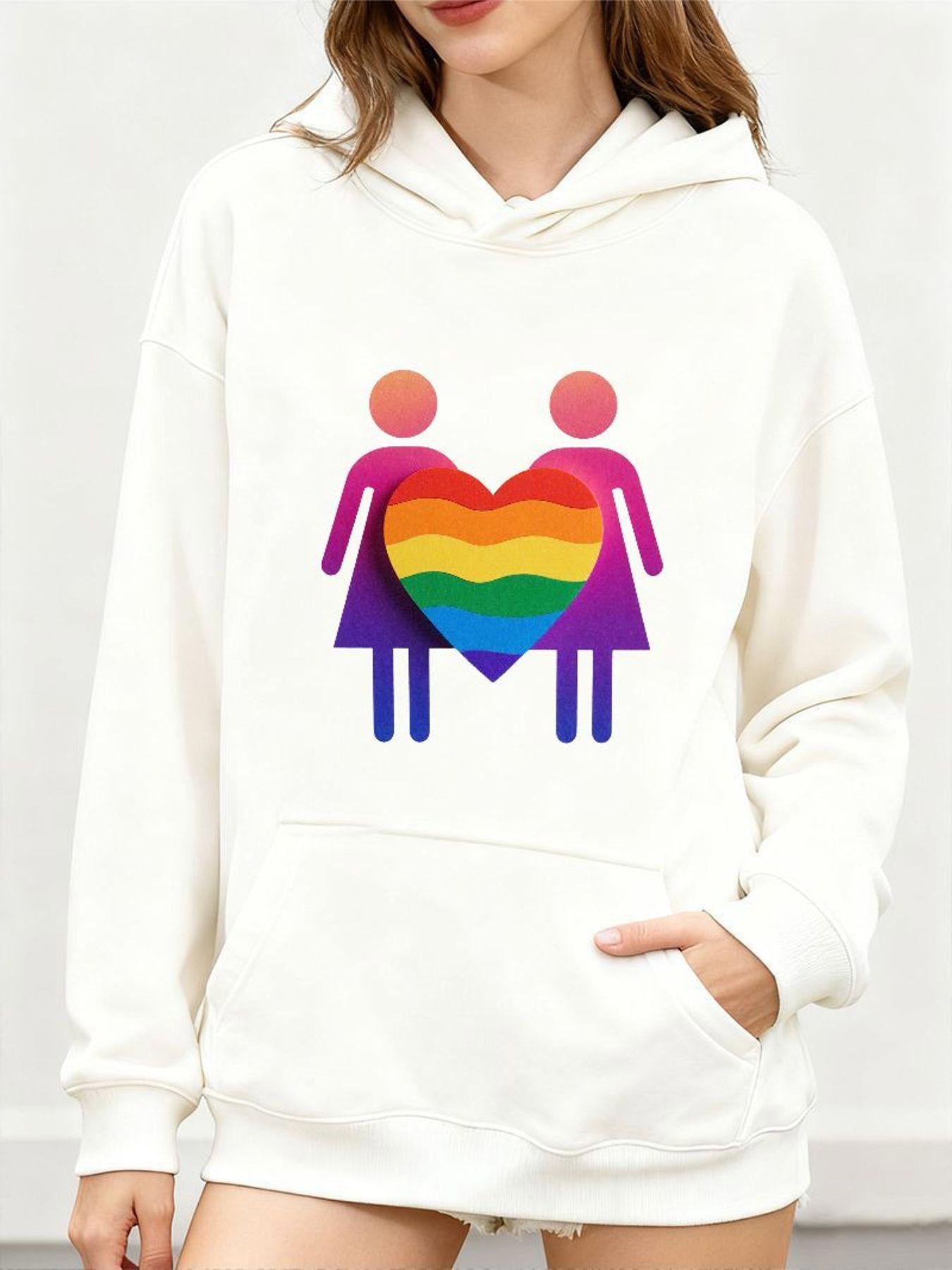Tailorly Women's Printed Hoodie - Colorful Rainbow Heart Connecting Two Stylized Human Figures