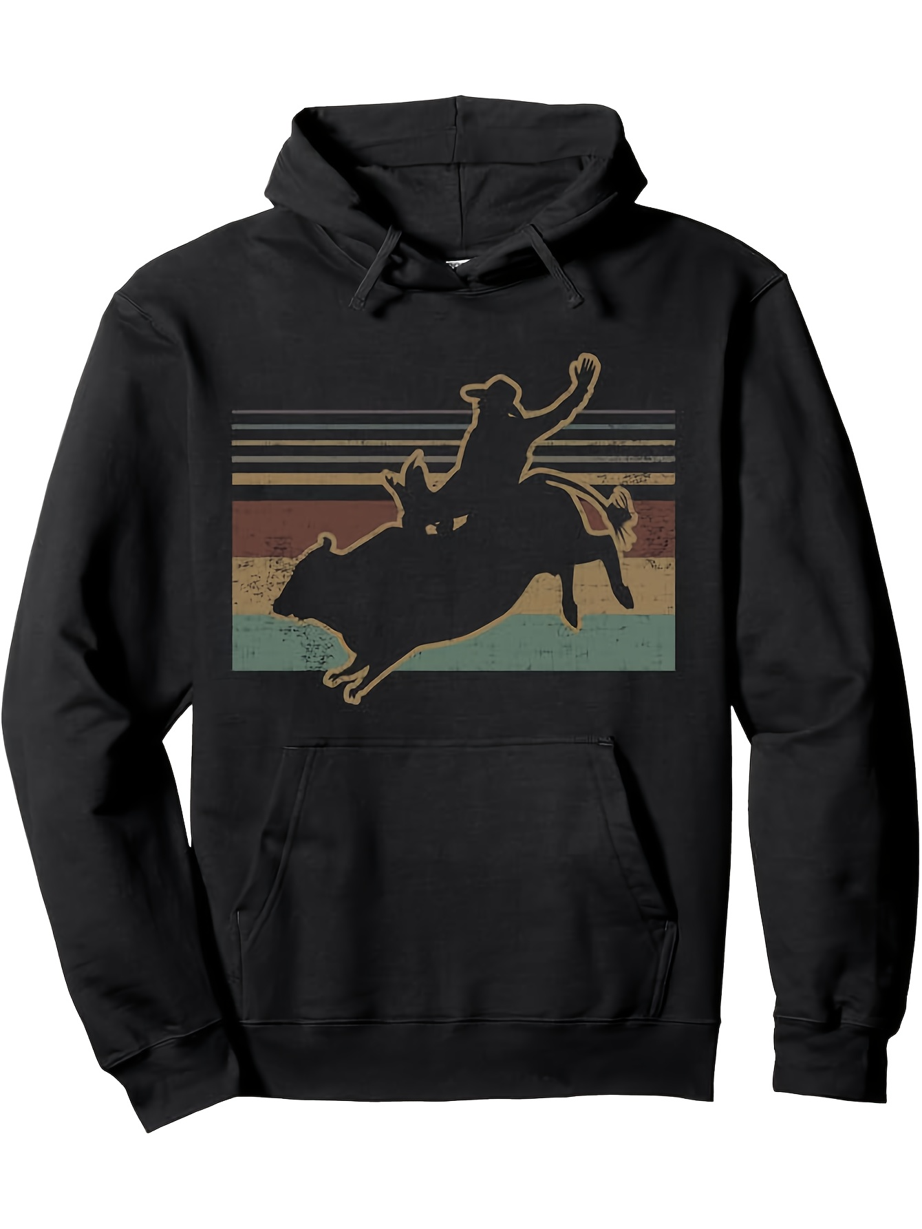 Tailorly Men's Printed Hoodie - Retro Colored Wild West Scene With Silhouette Rider On Bucking Bull