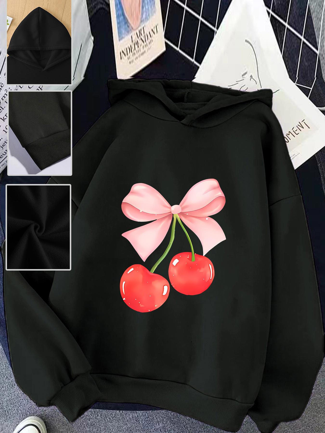 Tailorly Women's Printed Hoodie - Glossy Red Cherries Adorned With A Pink Ribbon Bow Sweatshirt