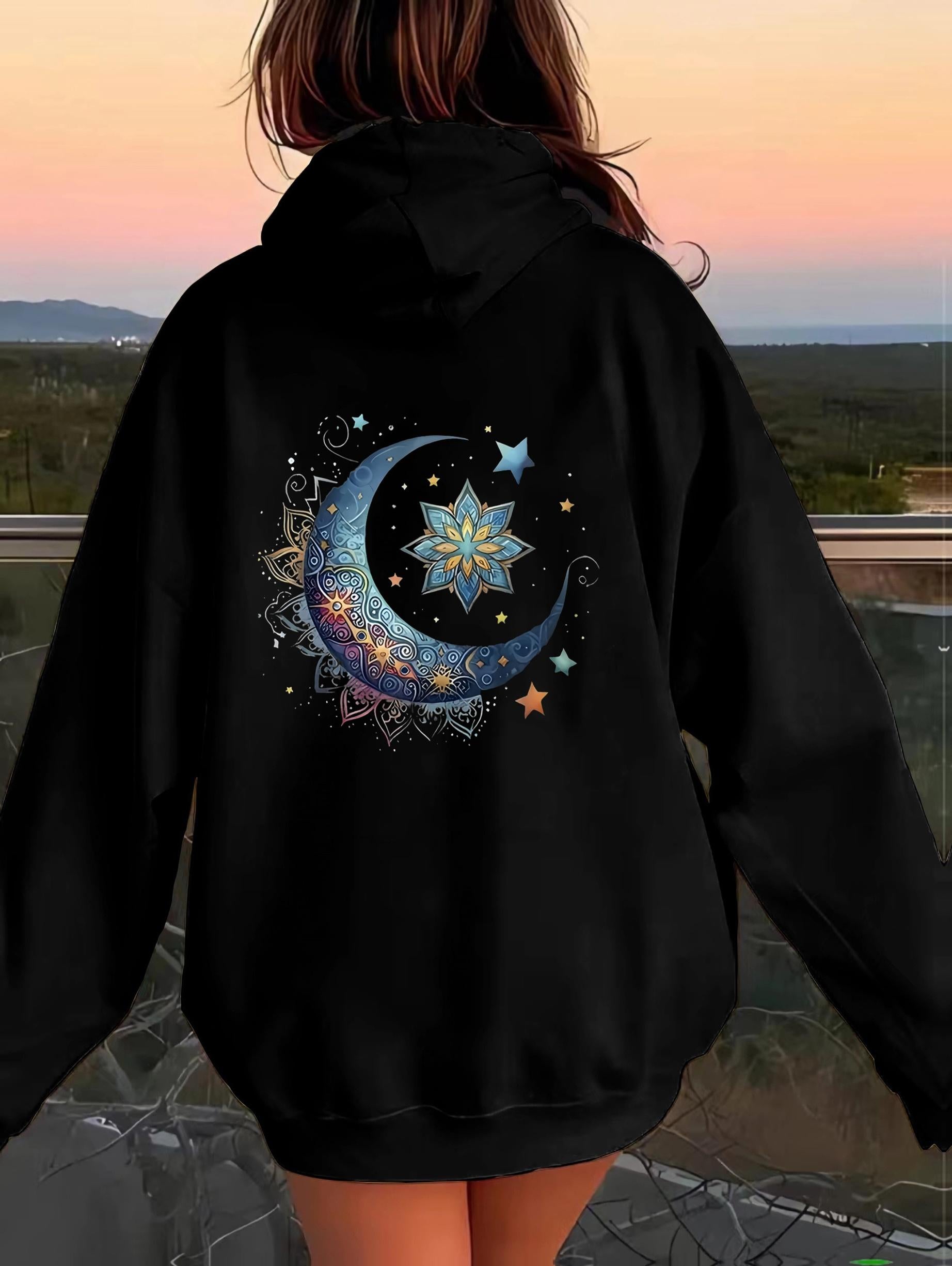 Tailorly Women's Printed Hoodie - Colorful Shooting Stars And Geometric Moon Under Night Sky Crescent Moon