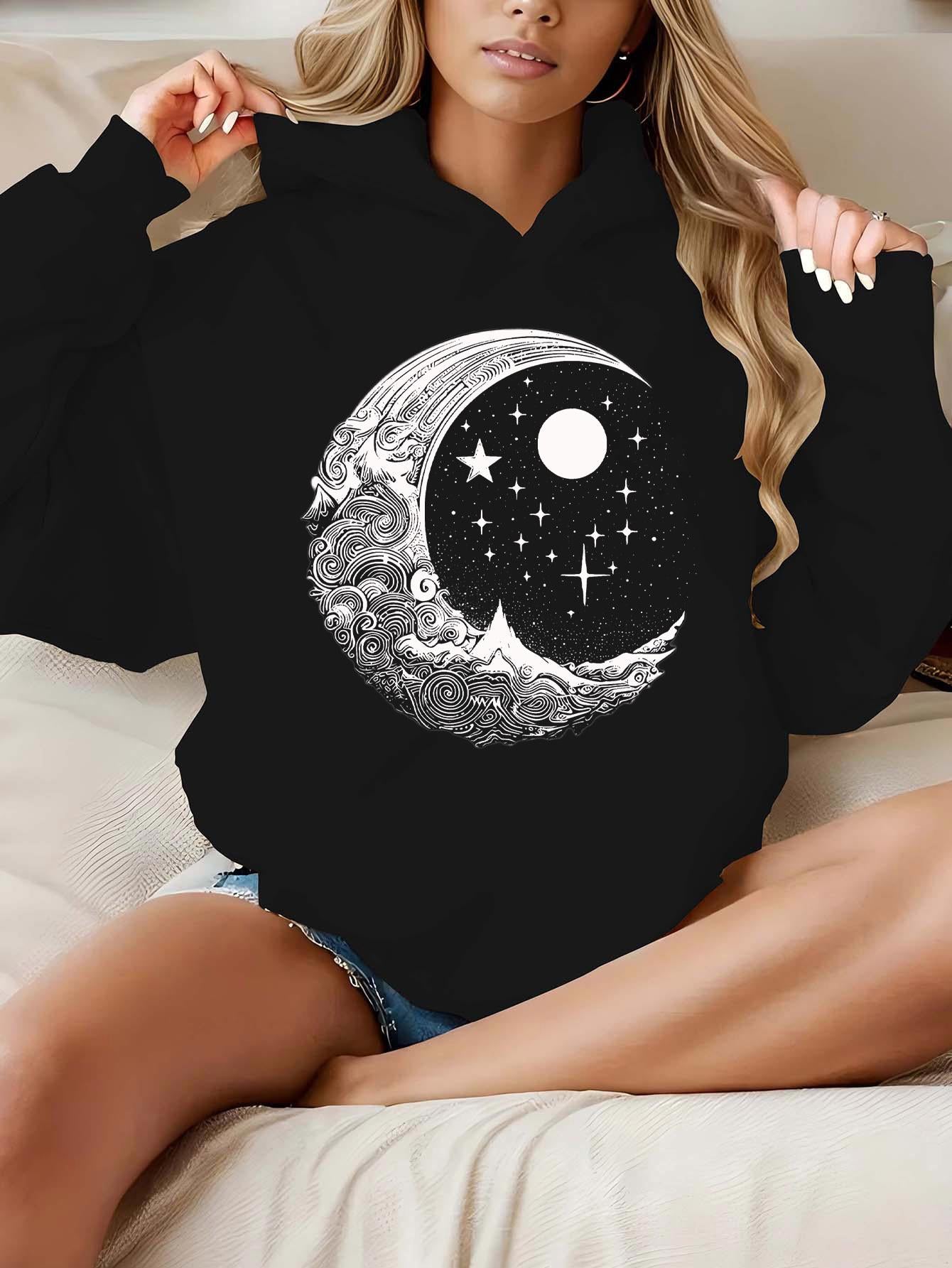 Tailorly Women's Printed Hoodie - Mystical Night Sky With Swirling Clouds Shining Stars And Crescent Moon