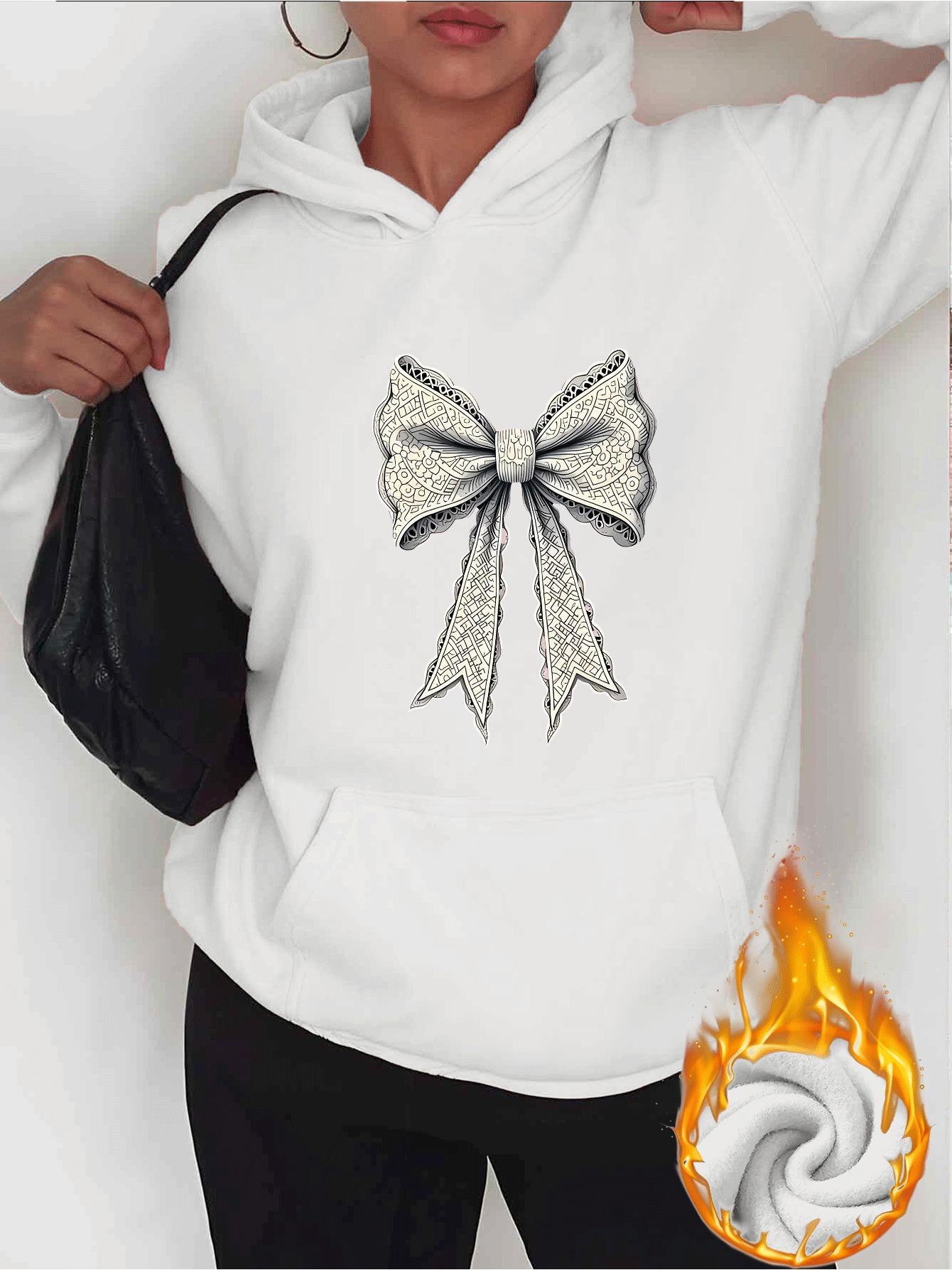 Tailorly Women's Printed Hoodie - Shimmering Embroidered Detail With Elegant Ribbon Bow Design