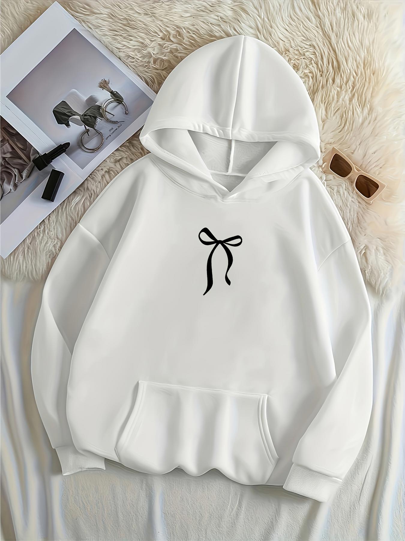 Tailorly Women's Printed Hoodie - Simple Black Ribbon Design On Soft White Hooded Sweatshirt