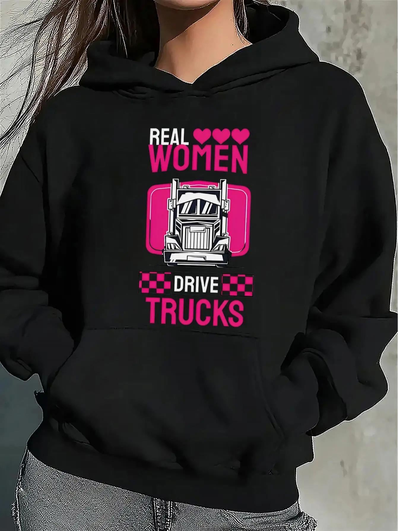 Tailorly Women's Printed Hoodie - Real Women With Bright Pink Accents Driving Powerful Semi Truck