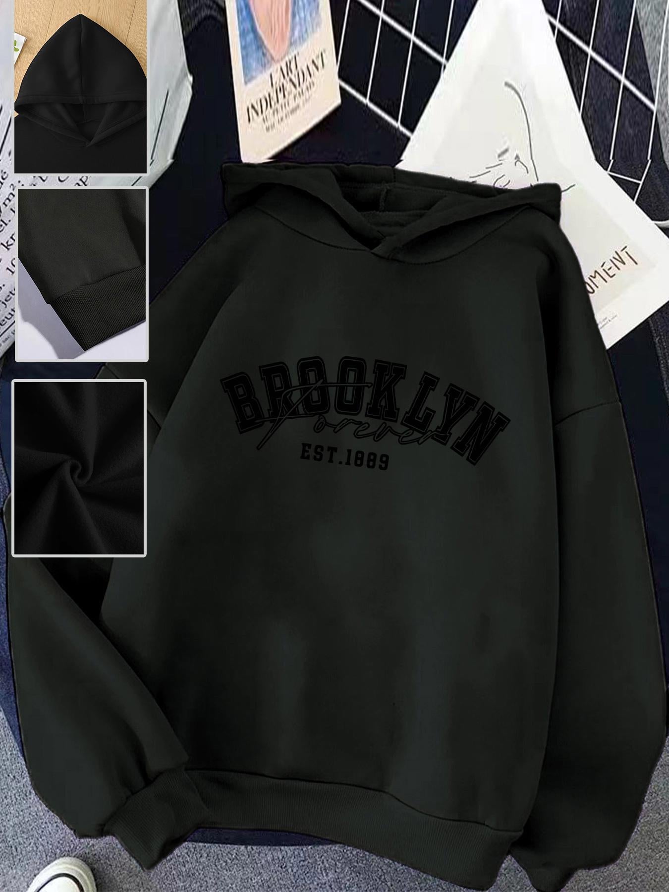 Tailorly Women's Printed Hoodie - Brooklyn Est 1968 Minimal Black Cotton Hoodie