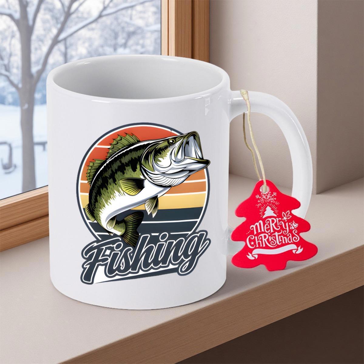 Tailorly White Ceramic 11 oz Mug - Fishing Vintage Retro Sunset Stripes Behind A Jumping Powerful Wild Bass