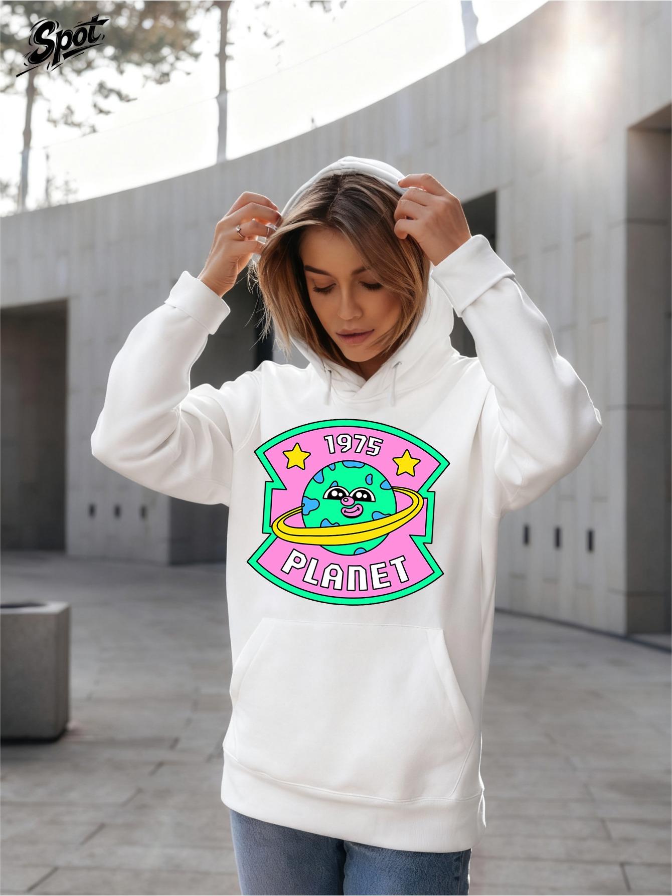Tailorly Women's Printed Hoodie - Save This Planet Cheerful Cartoon Earth Surrounded By Stars And Rainbow Graphic