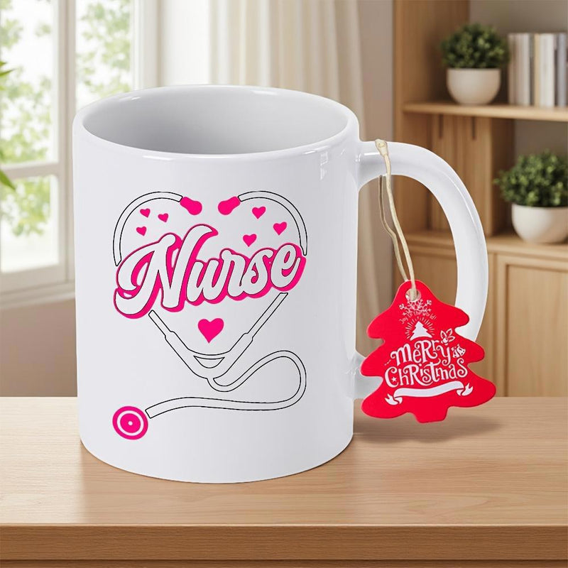 Tailorly White Ceramic 11 oz Mug - Nurse Heart Shaped Frame Featuring Delicate Pink Accents And Symbolic Professional Stethoscope