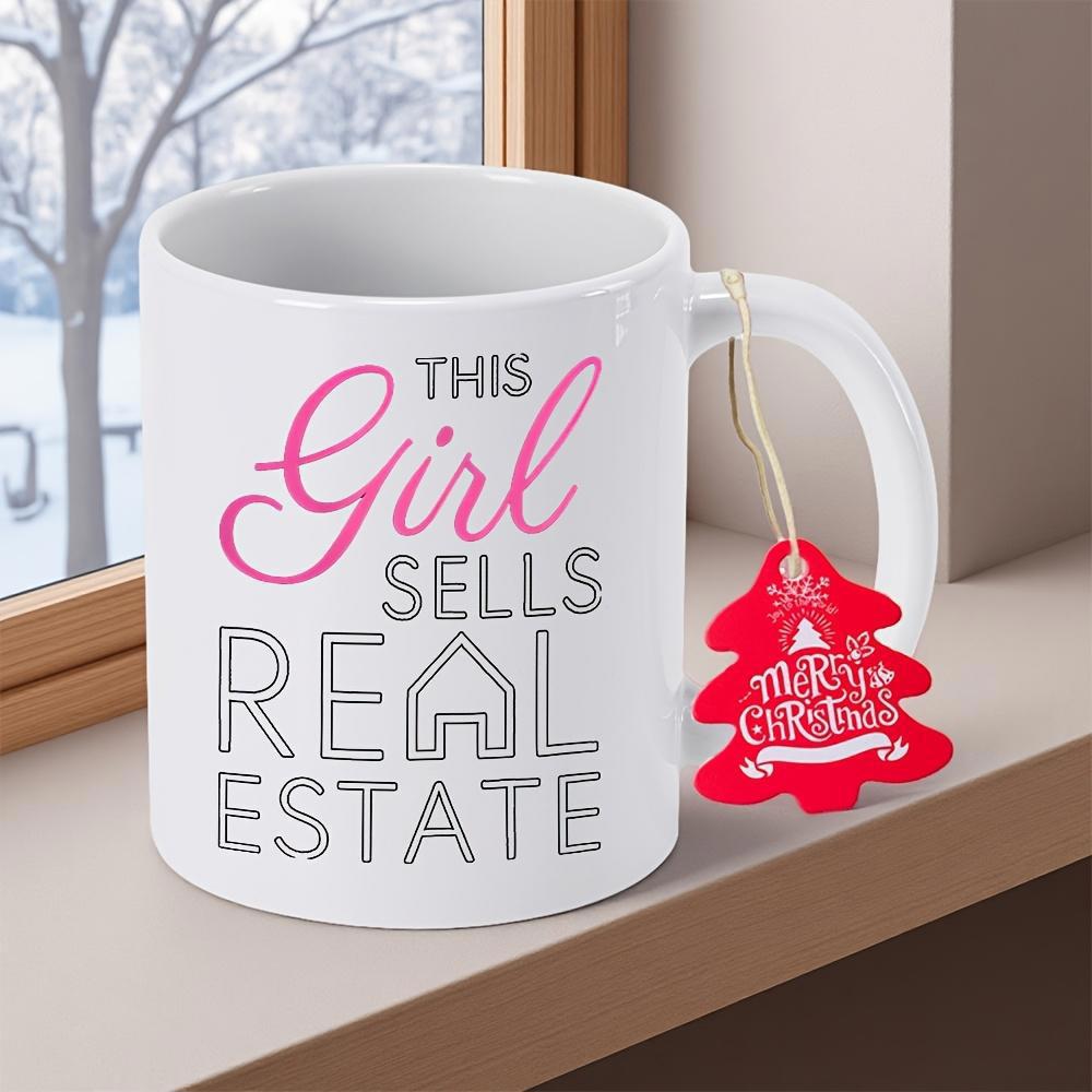 Tailorly White Ceramic 11 oz Mug - This Girl Sells Real Estate Minimalist White Ceramic Vessel Featuring Professional Typography And Small House Icon Mug