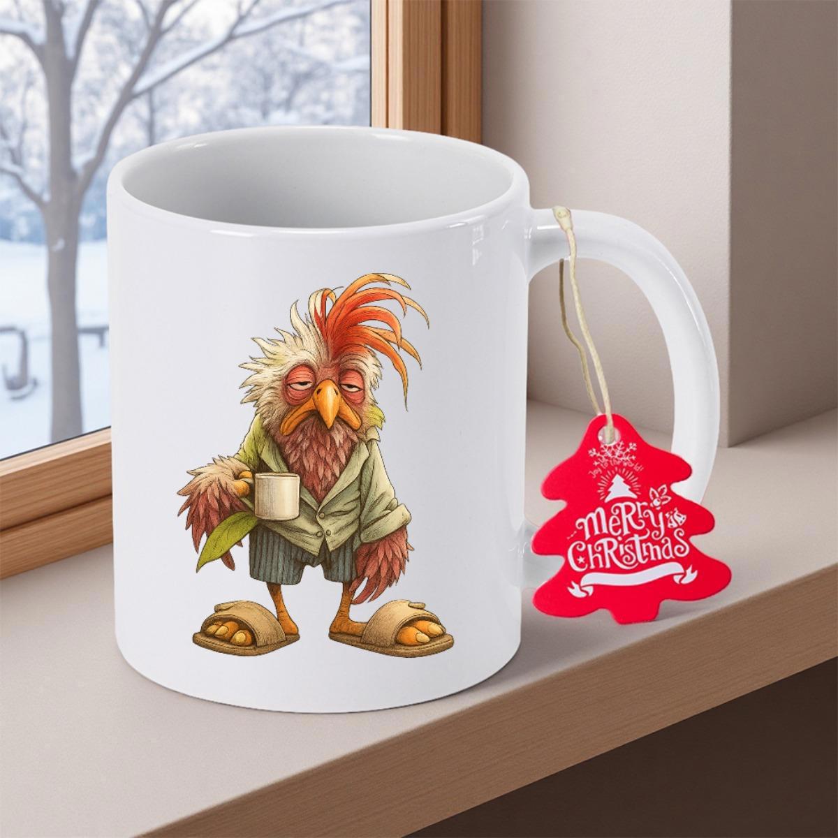 Tailorly White Ceramic 11 oz Mug - Merry Christmas Messy Feathered Rooster Wearing Pajamas And Slippers Holding Coffee Cup Chicken