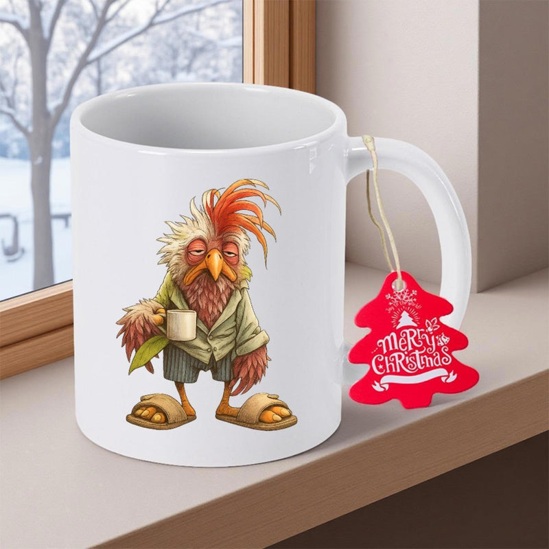 Tailorly White Ceramic 11 oz Mug - Merry Christmas Messy Feathered Rooster Wearing Pajamas And Slippers Holding Coffee Cup Chicken