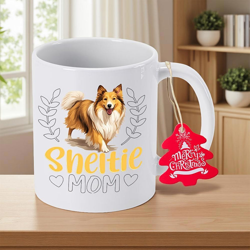 Tailorly White Ceramic 11 oz Mug - Sheltie Mom Beautiful Shetland Sheepdog Standing Amongst Delicate Grey Leaf Branches Sheltie