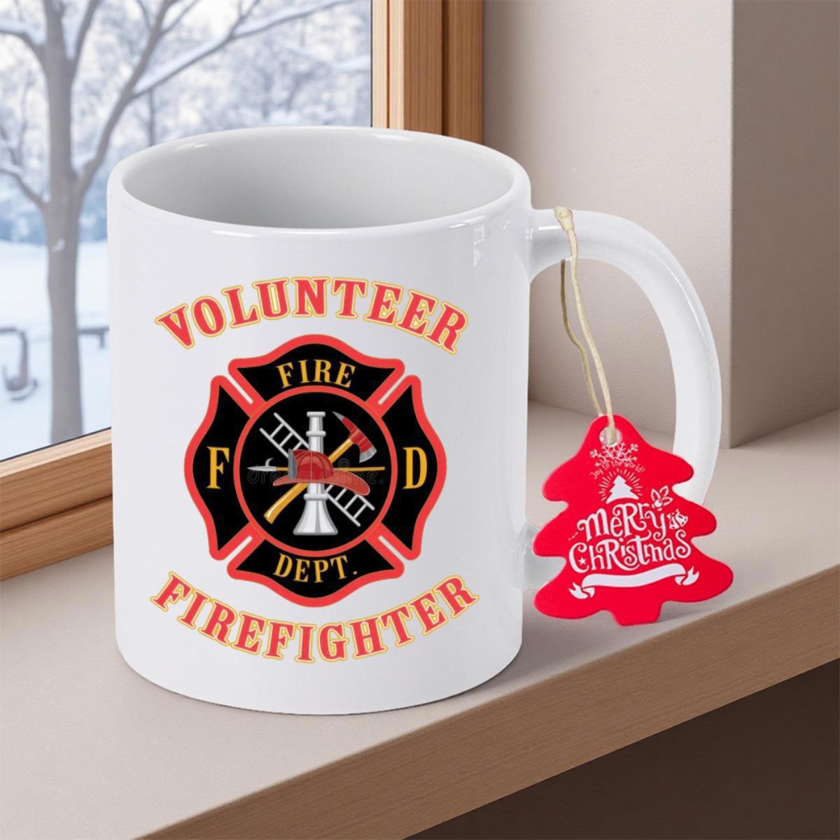 Tailorly White Ceramic 11 oz Mug - Volunteer Firefighter Fire Dept Traditional Emblem With Crossed Axe And Ladder Inside Maltese Cross Badge