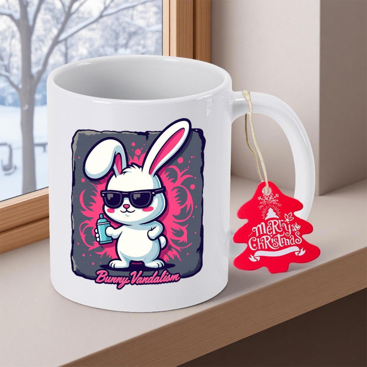 Tailorly White Ceramic 11 oz Mug - Bunny Vandalism Merry Christmas Cool Cartoon Character Wearing Shades Holding A Canister Within Vibrant Pink Patterns Bunny
