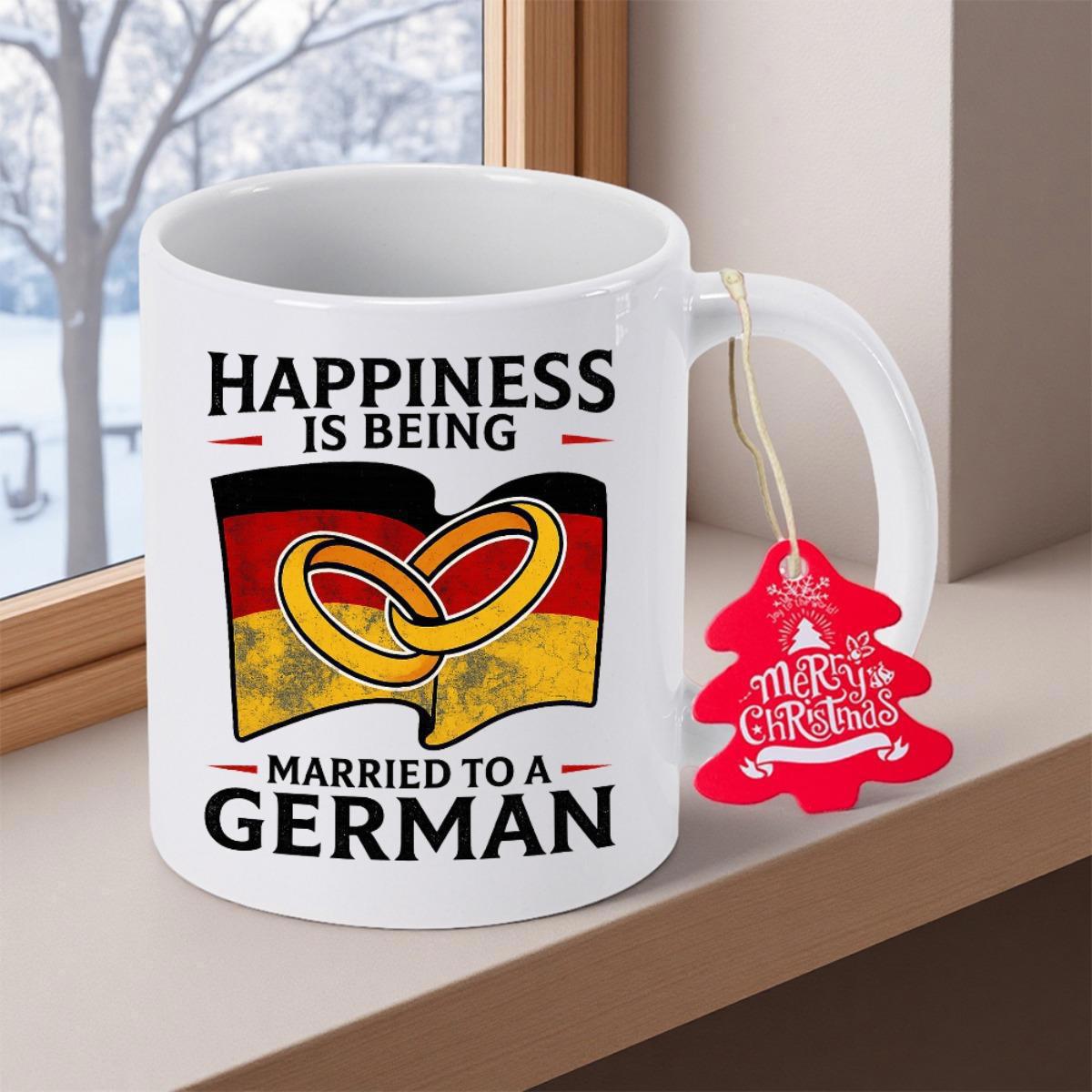 Tailorly White Ceramic 11 oz Mug - Happiness Is Being Married To A German Waving German Flag Background Featuring Two Interlocked Golden Symbolic Wedding Rings
