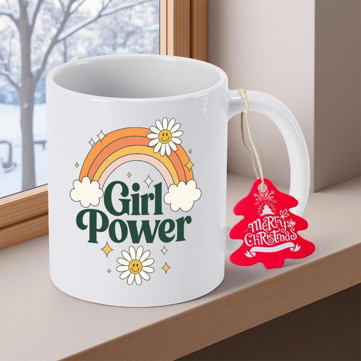 Tailorly White Ceramic 11 oz Mug - Girl Power Groovy Design Featuring Smiling White Daisies Under A Vibrant Arched Rainbow