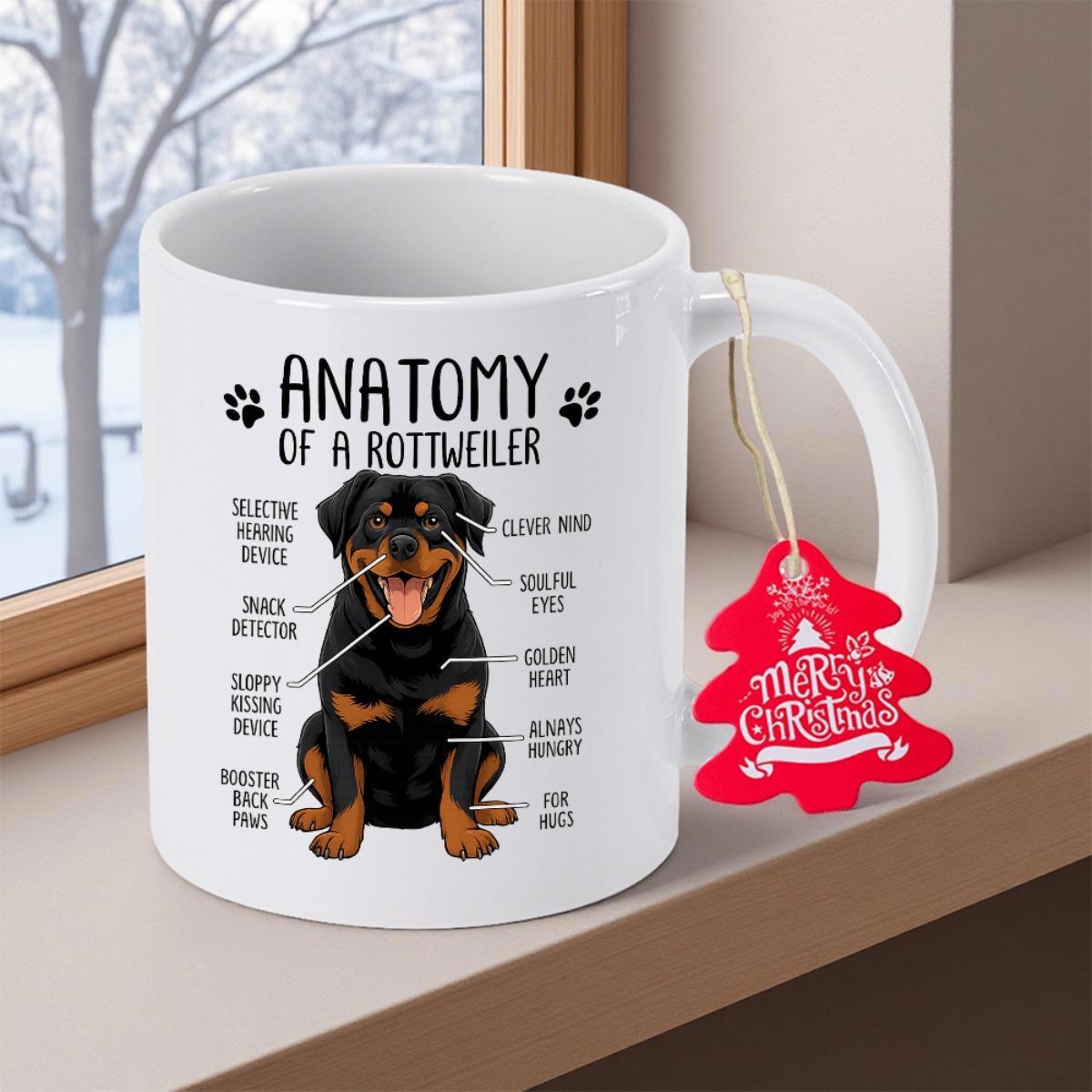 Tailorly White Ceramic 11 oz Mug - Anatomy Of A Rottweiler Detailed Infographic Illustration Of A Sitting Black And Tan Dog Rottweiler
